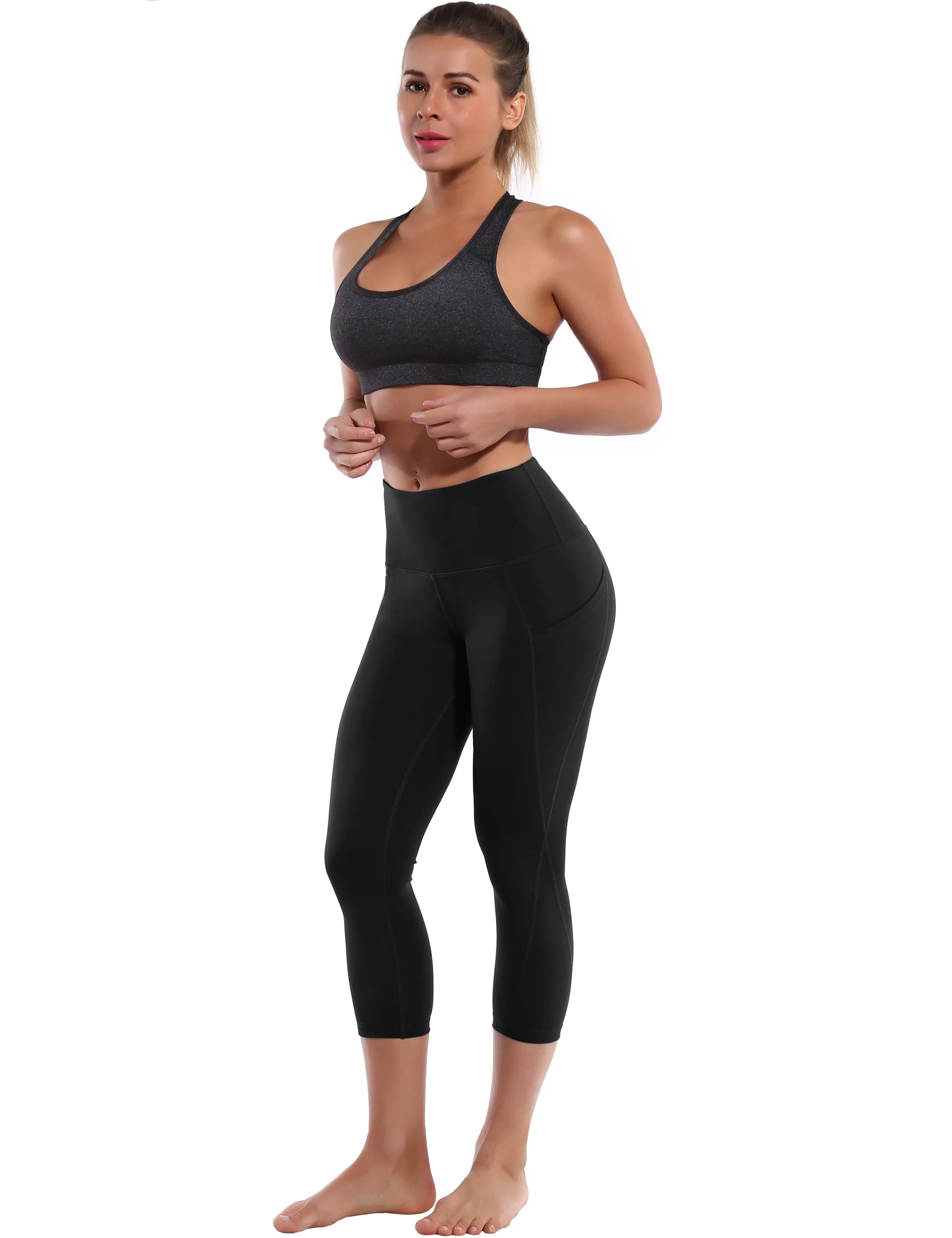 19" High Waist Side Pockets Capris black_Running