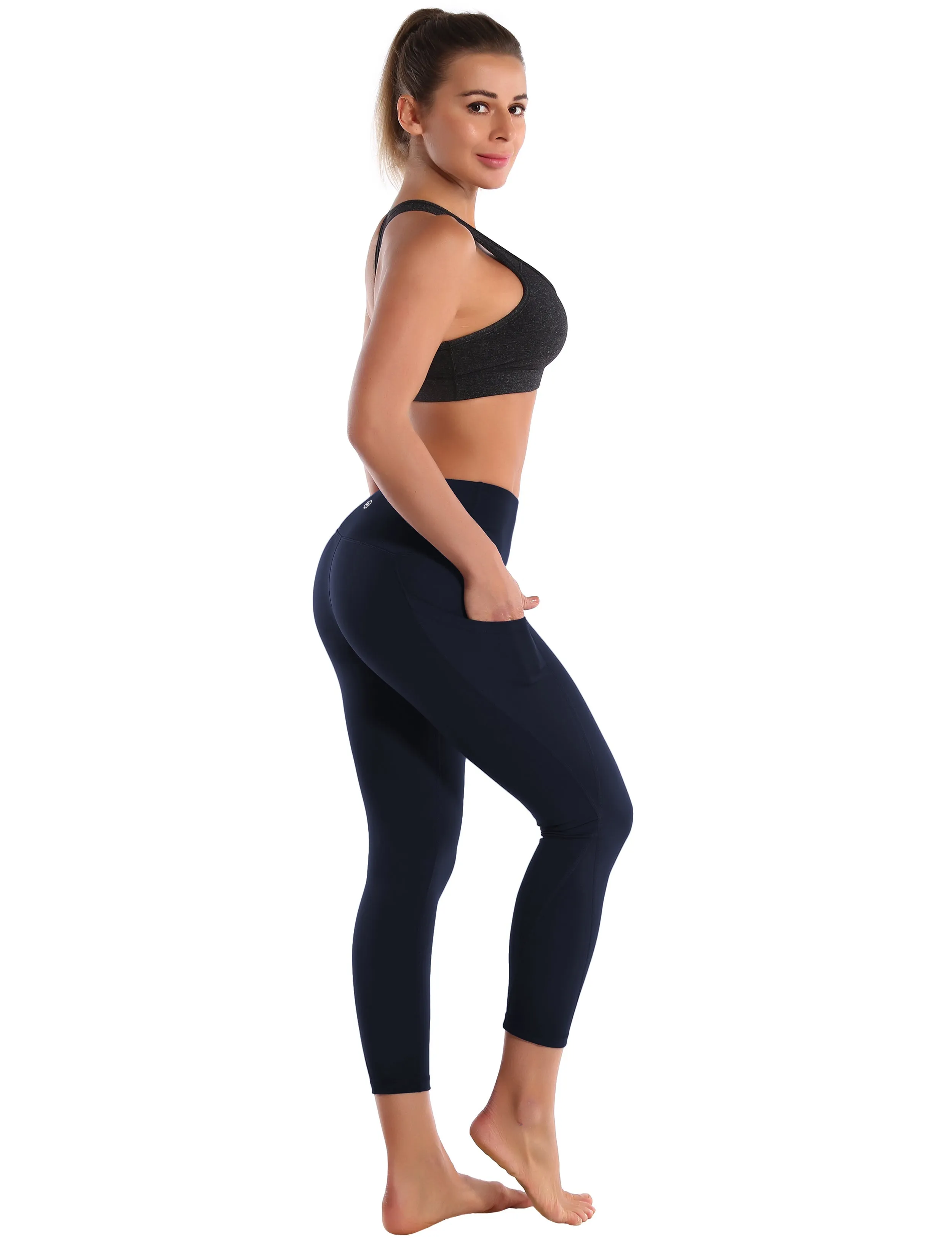 22" High Waist Side Pockets Capris darknavy_Running