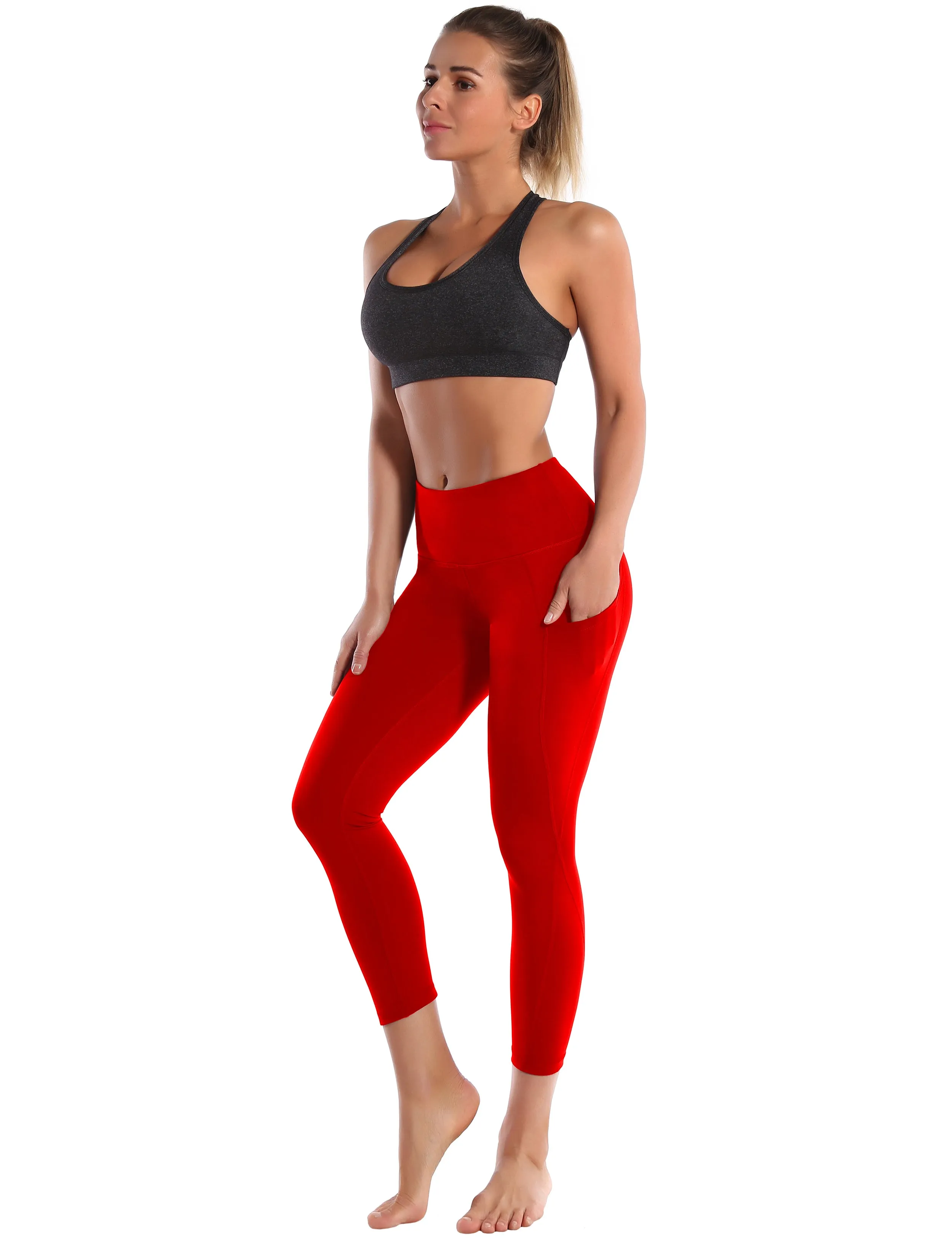 22" High Waist Side Pockets Capris scarlet_Running