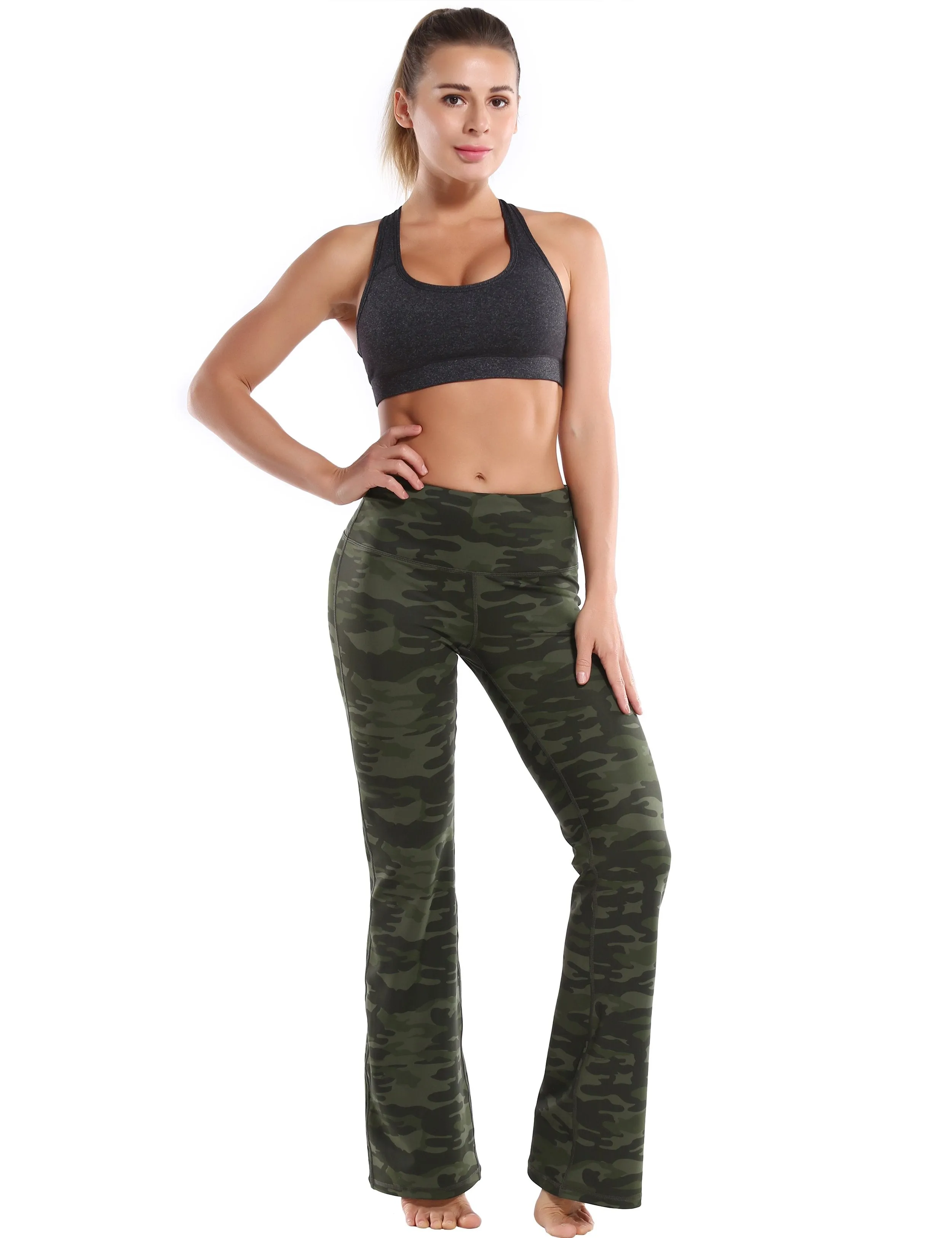 29" 31" 33" 35" 37" High Waist Printed Bootcut Leggings green camo ins_Running