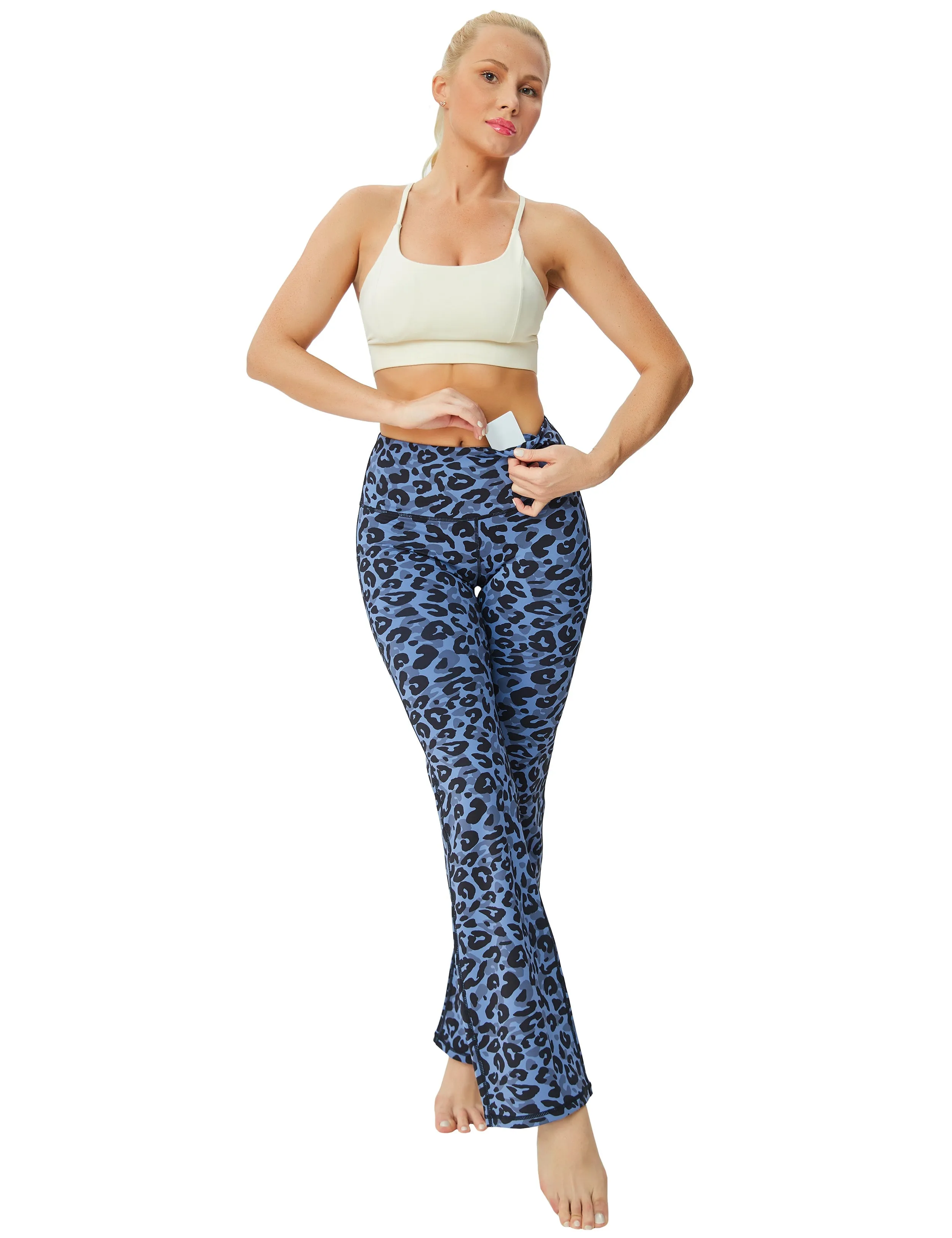 29" 31" 33" 35" 37" High Waist Printed Bootcut Leggings navy_leopard_Running