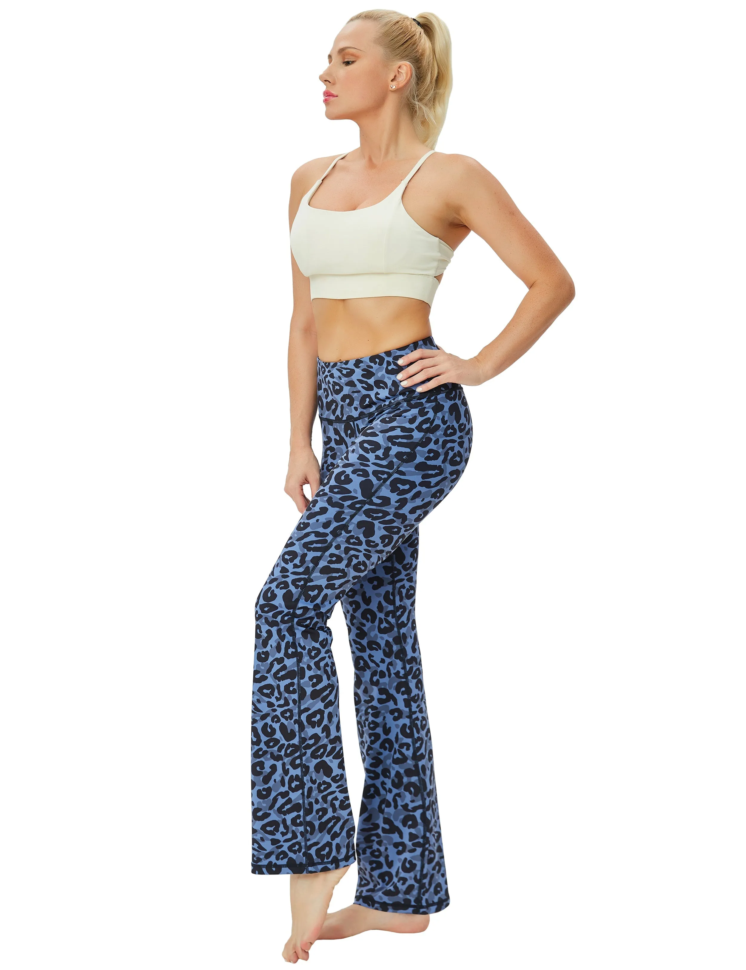 29" 31" 33" 35" 37" High Waist Printed Bootcut Leggings navy_leopard_Running