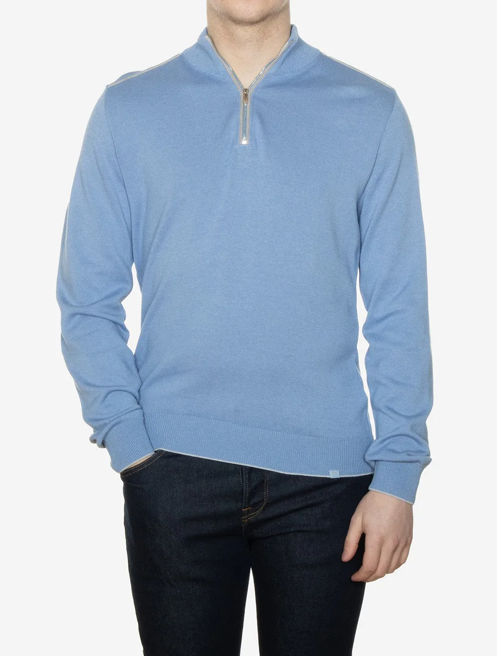 Cotton Cashmere Half Zip Sweater Blue