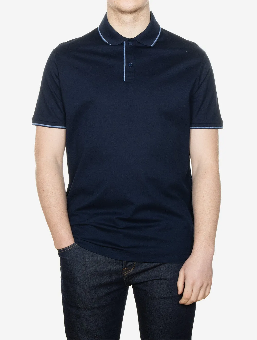 Cotton Double Piqué Tipped Polo Shirt Navy