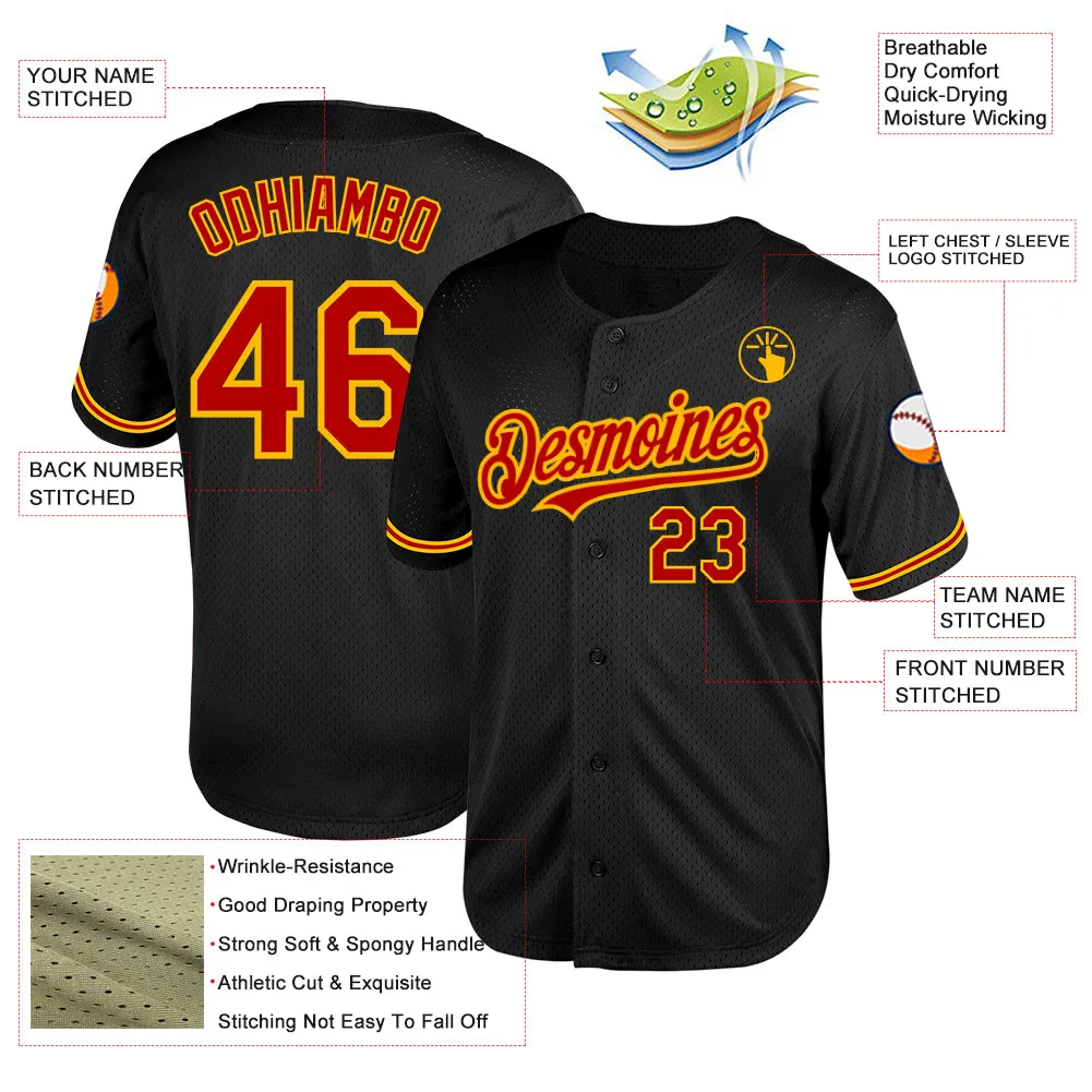 Custom Black Red-Gold Mesh Authentic Throwback Baseball Jersey