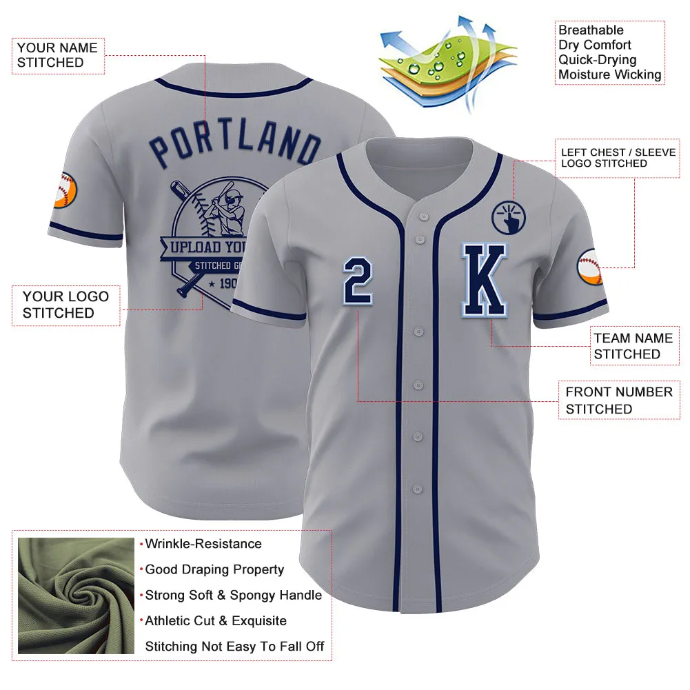 Custom Gray Navy-Light Blue Authentic Baseball Jersey