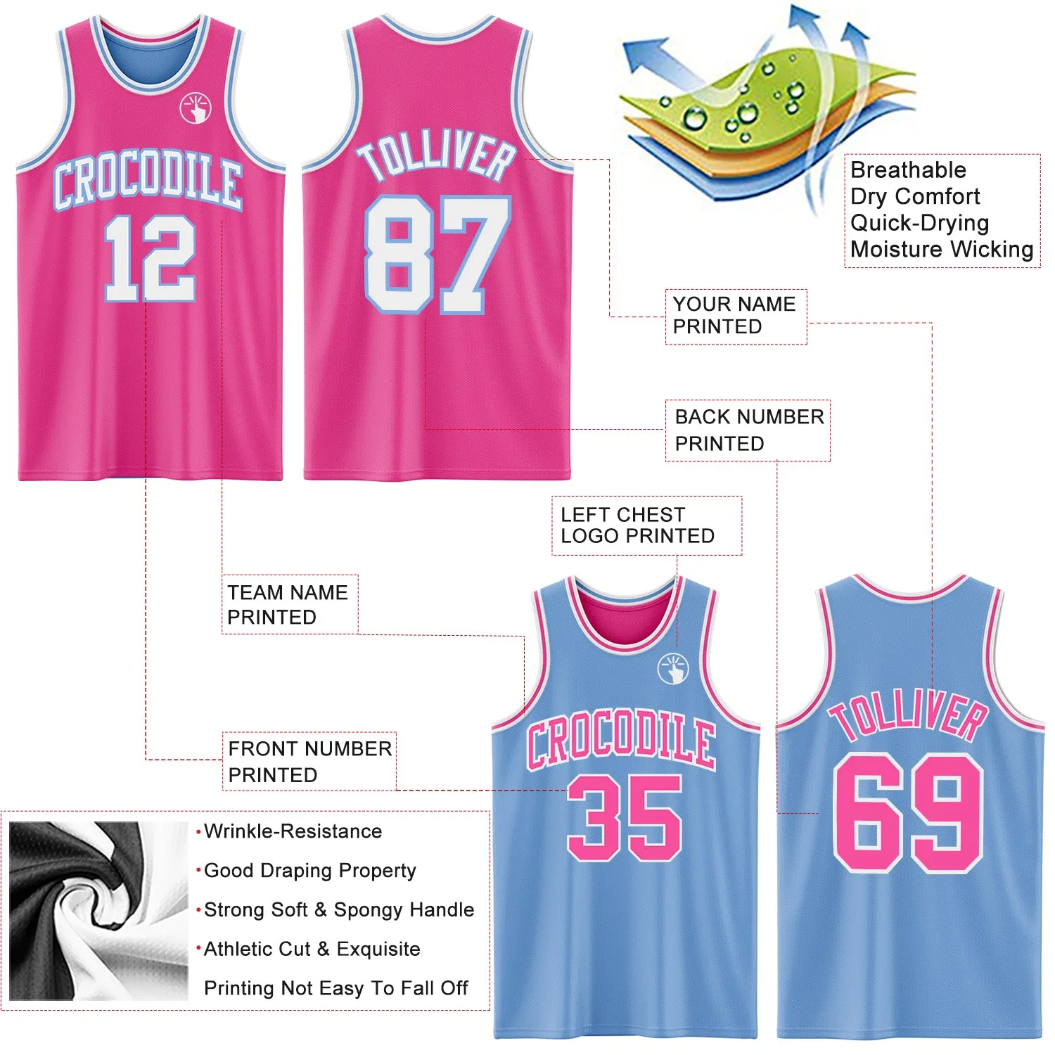 Custom Reversible Pink White-Light Blue Double Side Basketball Jersey