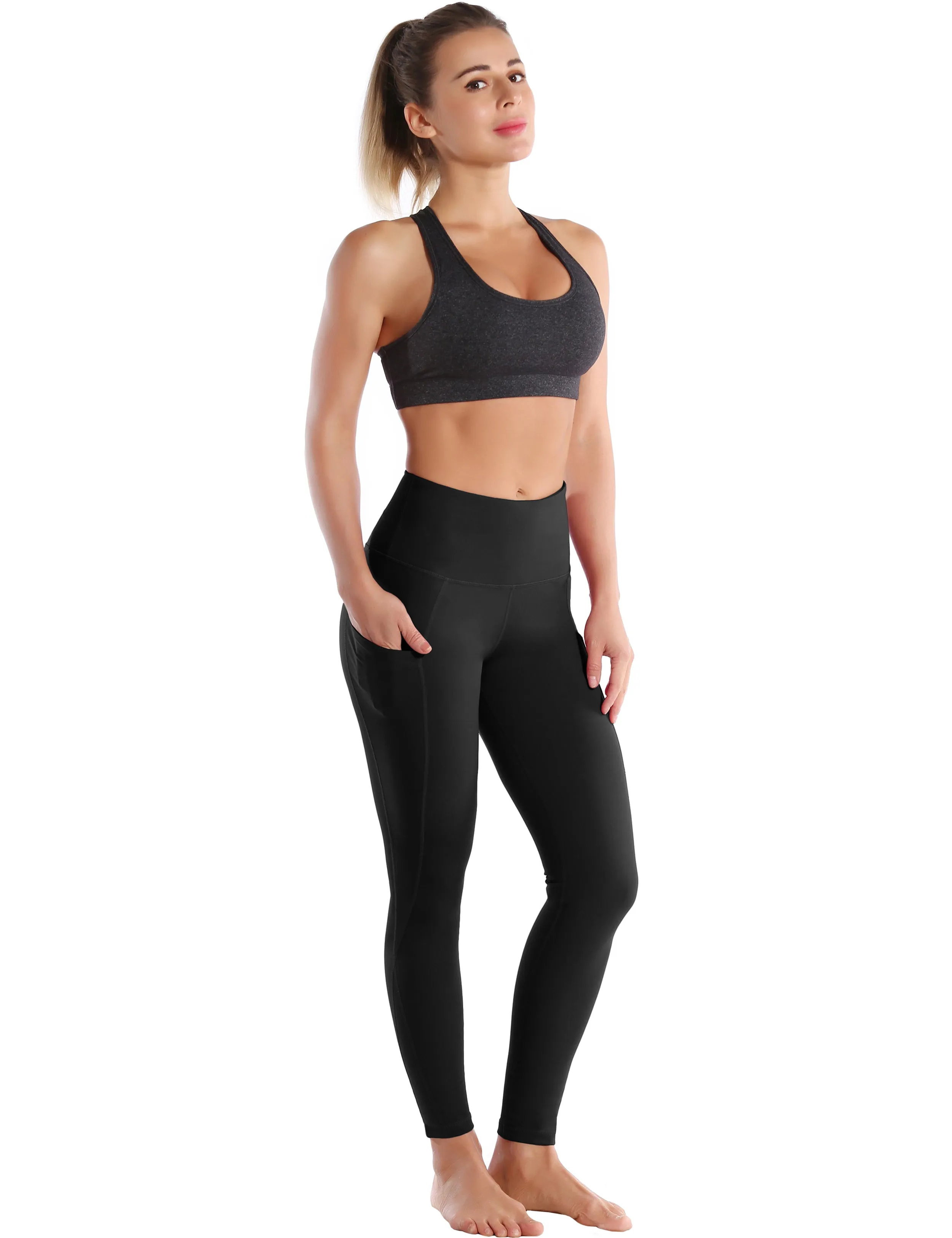 High Waist Side Pockets Running Pants jetblack_Running