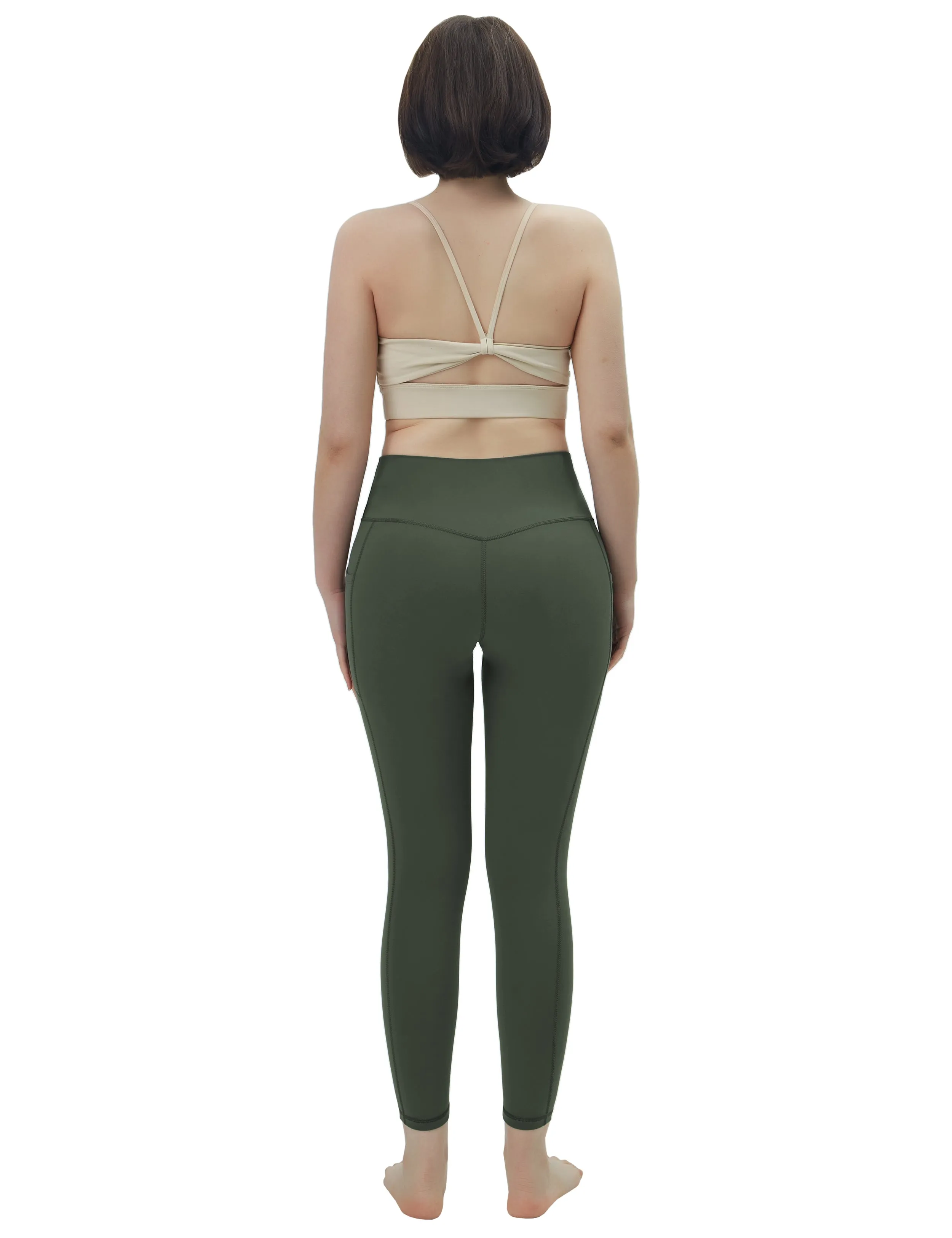 High Waisted Running Pants 7/8 Length Leggings with Pockets olivegreen_Running