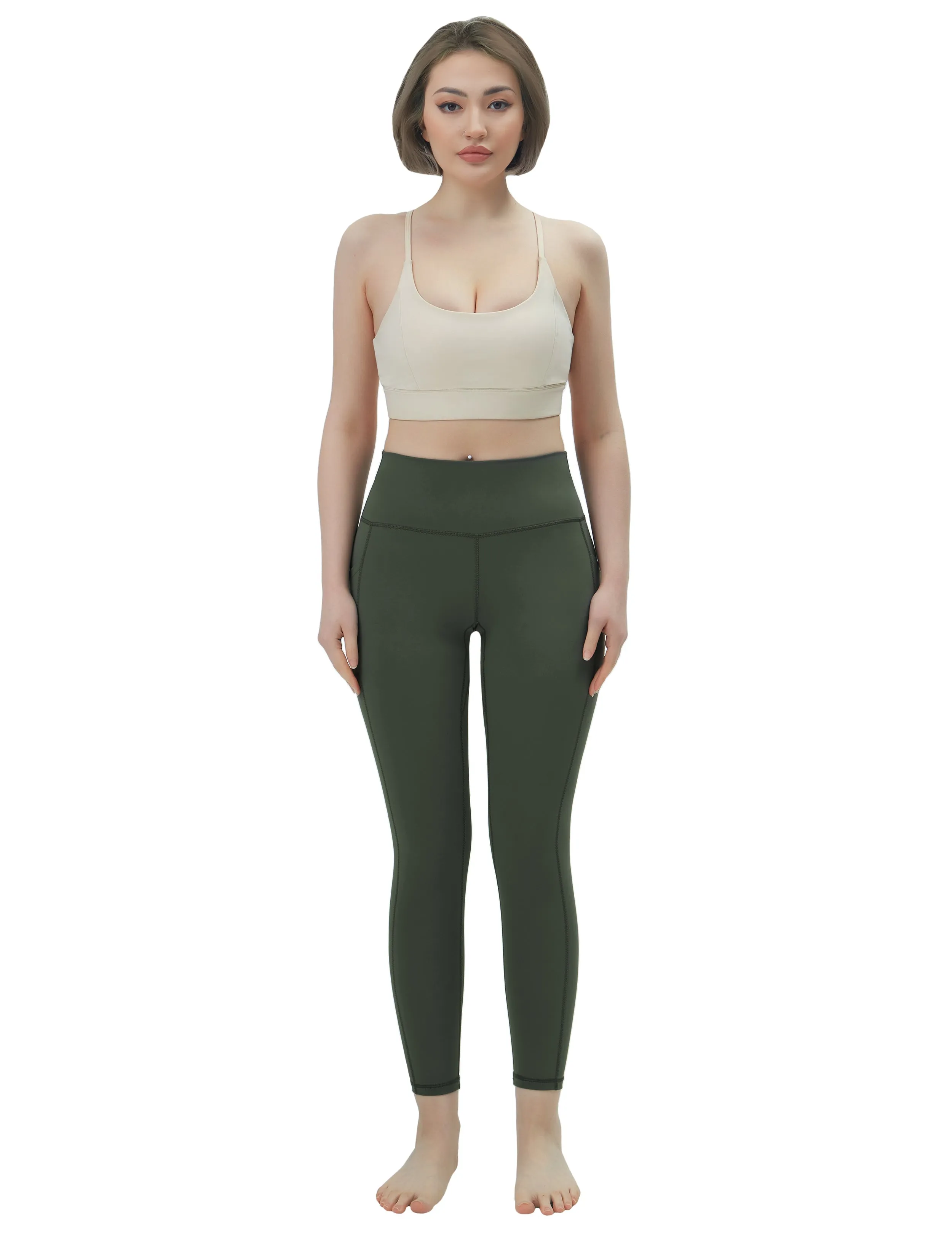 High Waisted Running Pants 7/8 Length Leggings with Pockets olivegreen_Running