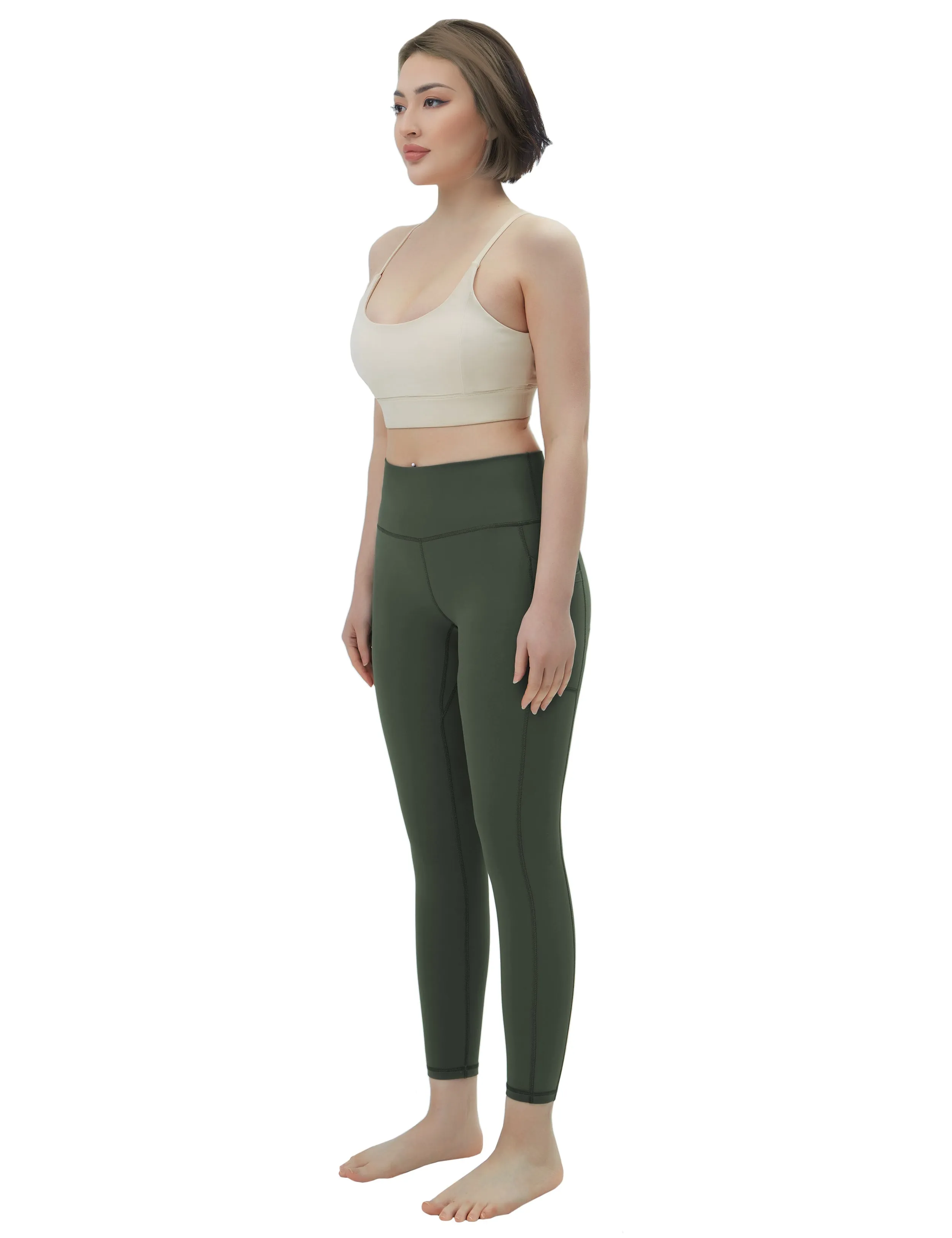 High Waisted Running Pants 7/8 Length Leggings with Pockets olivegreen_Running