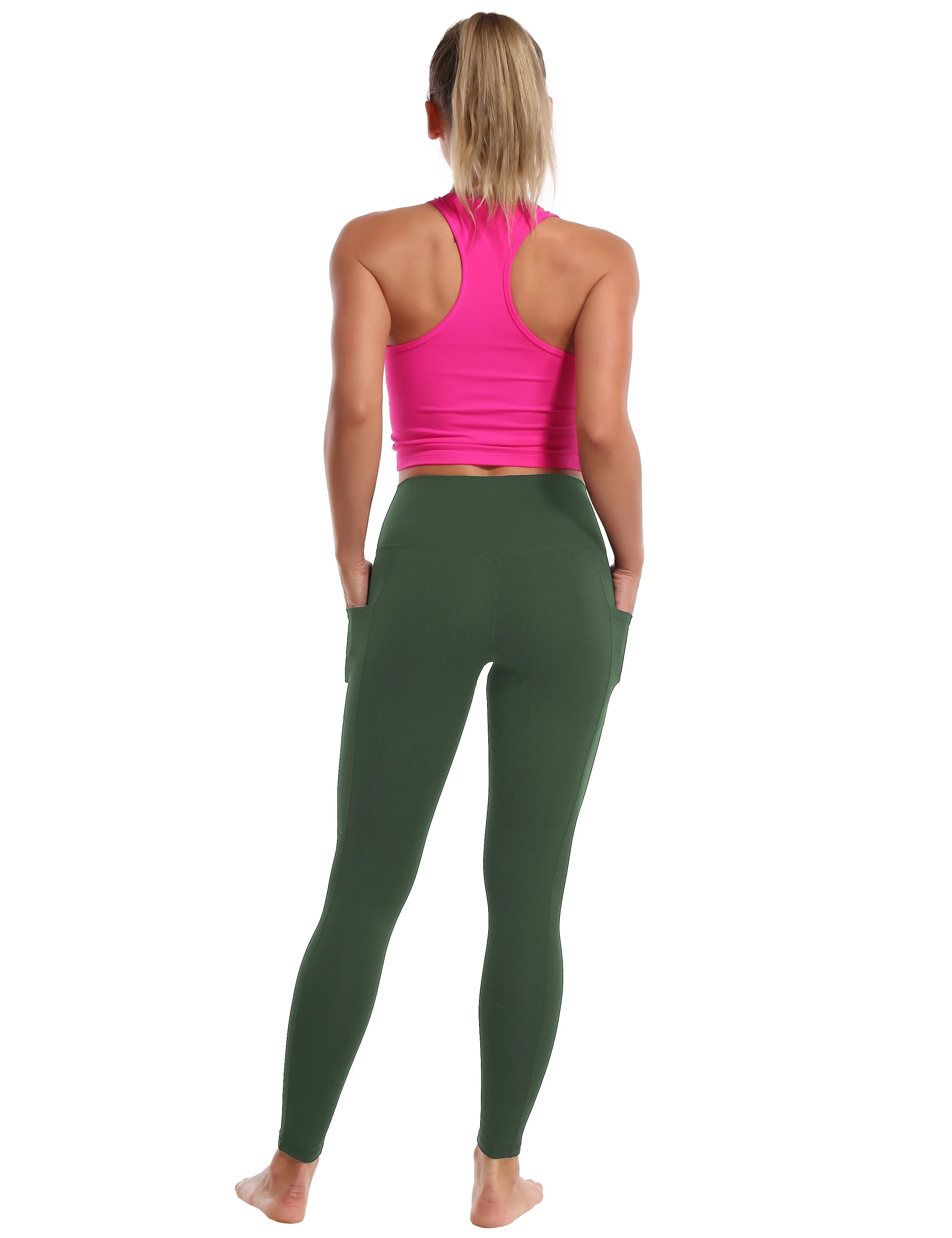 High Waisted Running Pants 7/8 Length Leggings with Pockets olivegreen_Running