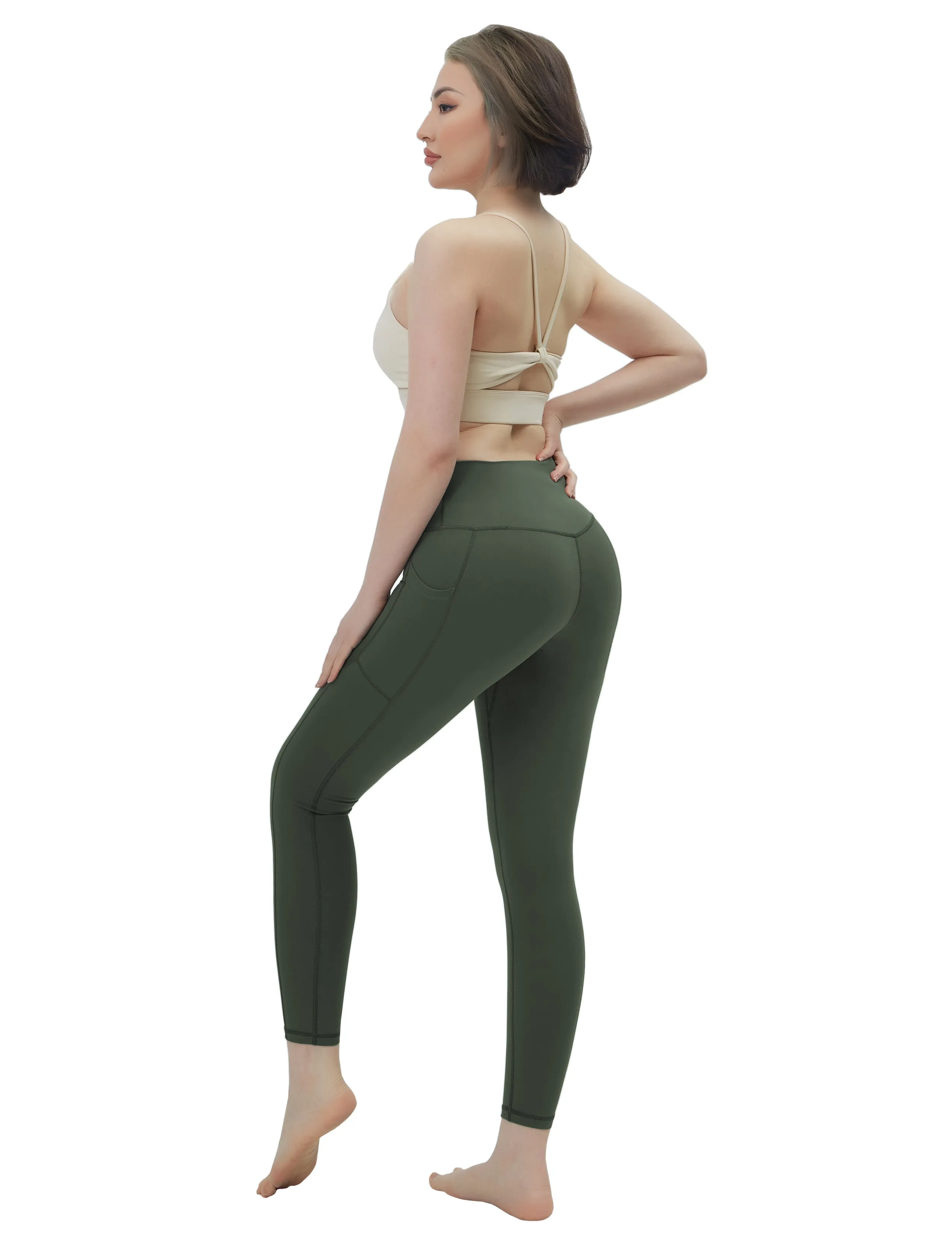 High Waisted Running Pants 7/8 Length Leggings with Pockets olivegreen_Running