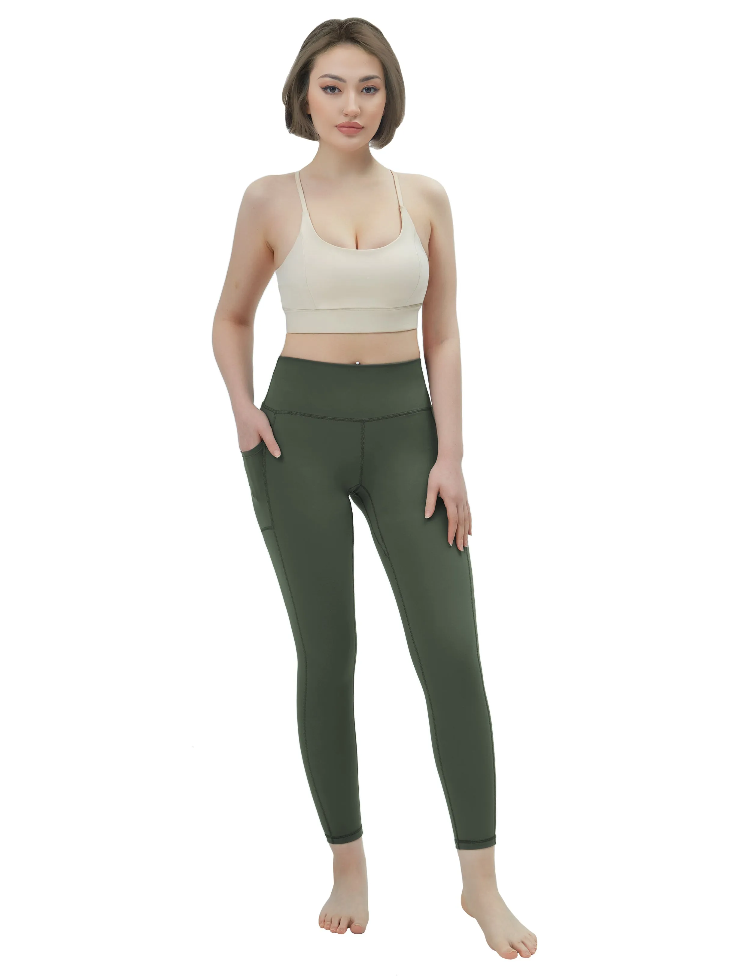 High Waisted Running Pants 7/8 Length Leggings with Pockets olivegreen_Running