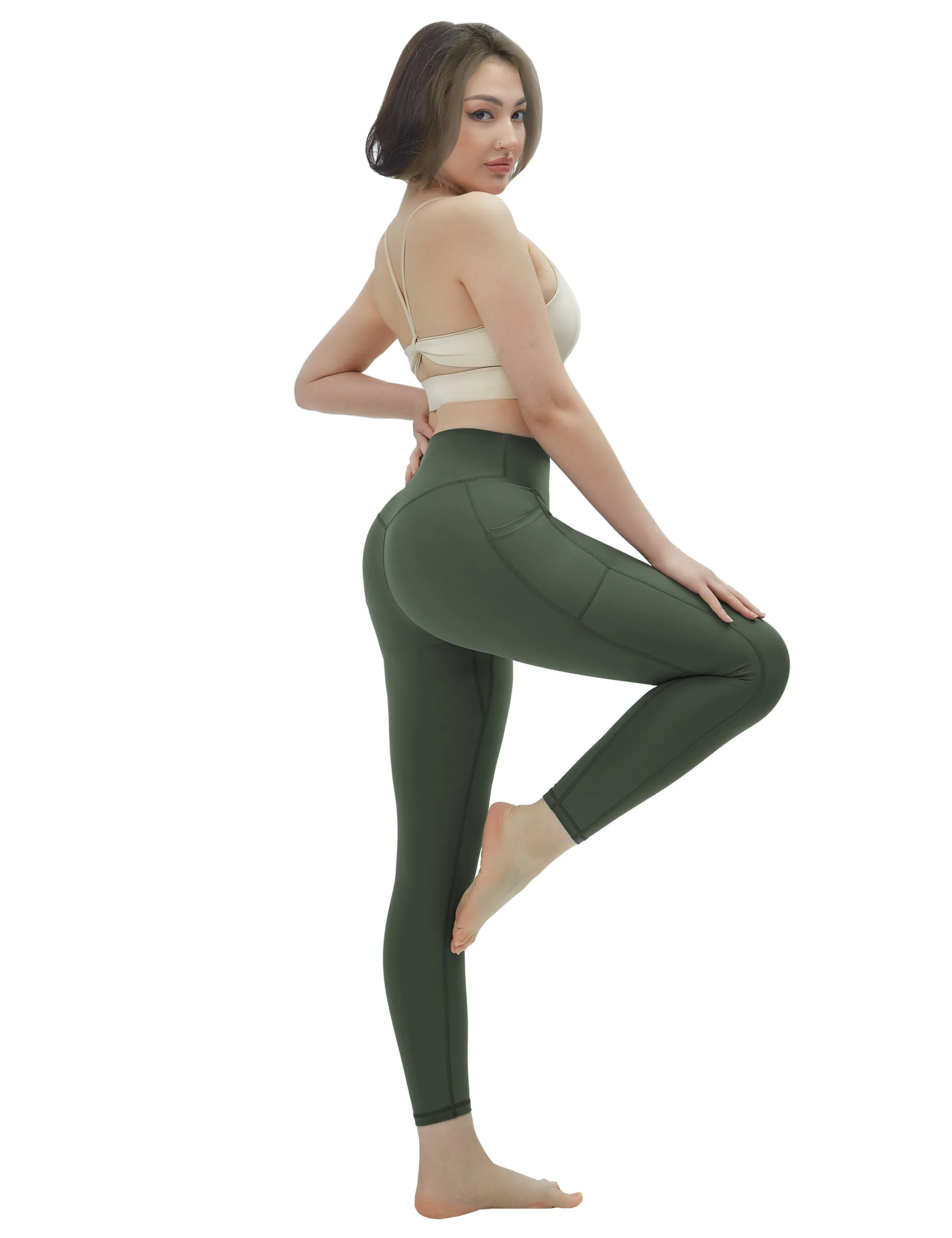 High Waisted Running Pants 7/8 Length Leggings with Pockets olivegreen_Running