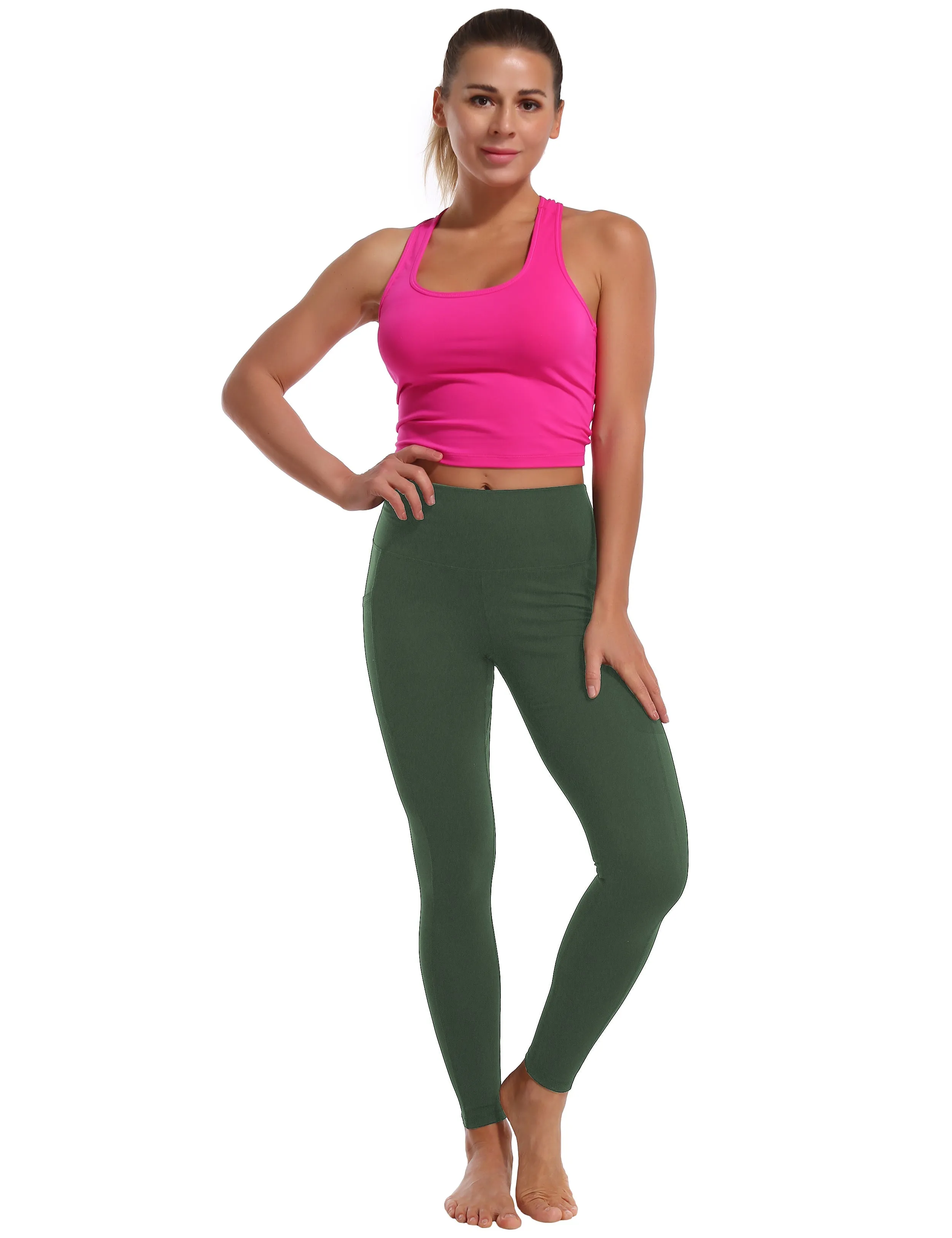High Waisted Running Pants 7/8 Length Leggings with Pockets olivegreen_Running