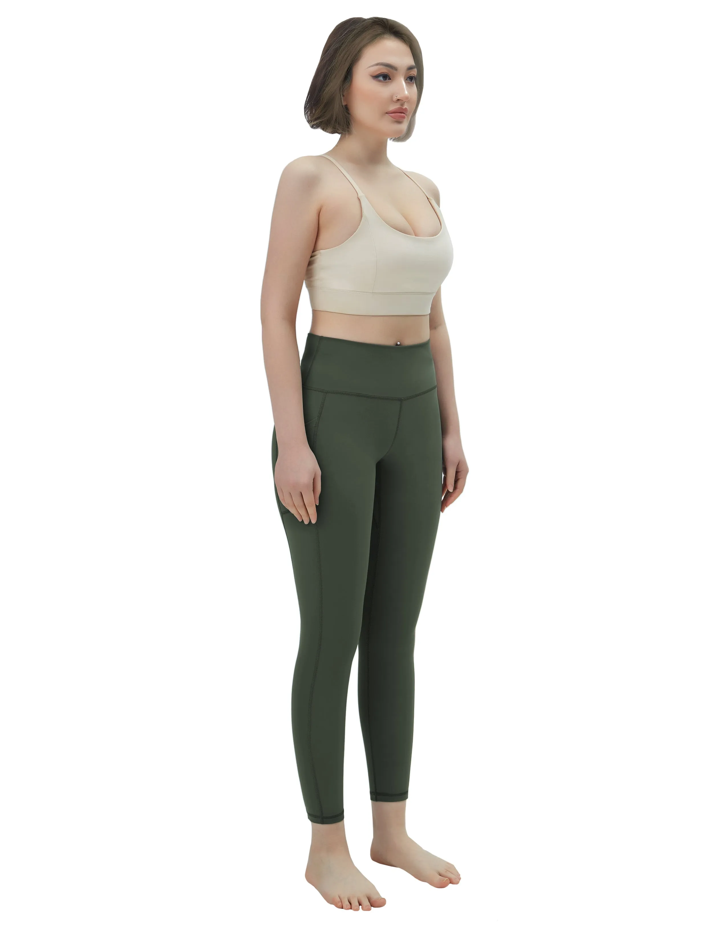High Waisted Running Pants 7/8 Length Leggings with Pockets olivegreen_Running
