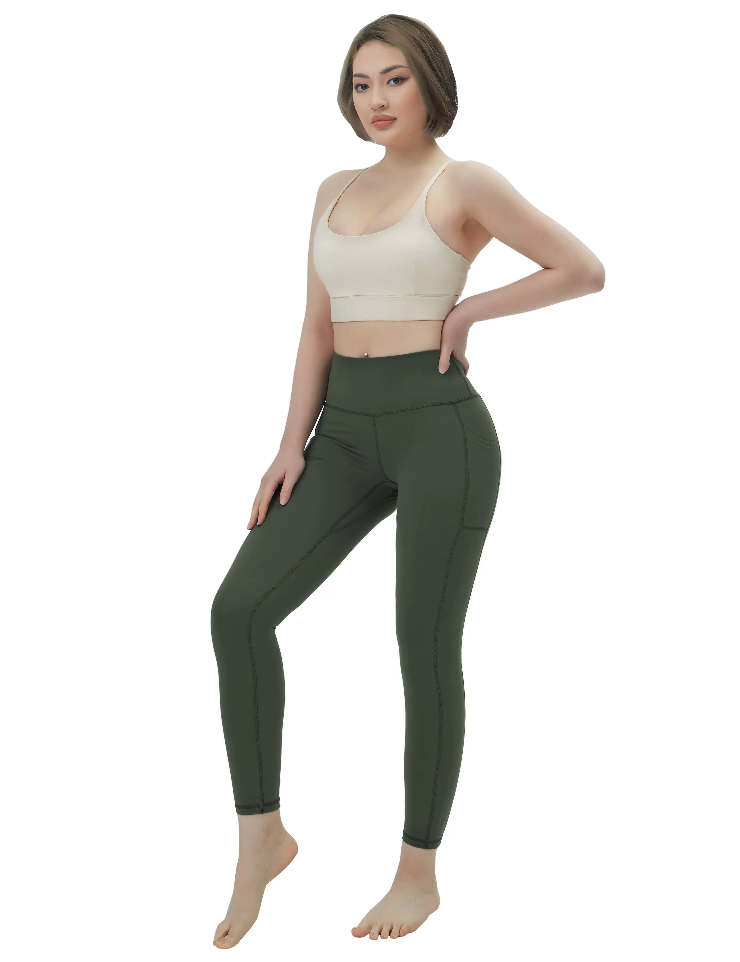High Waisted Running Pants 7/8 Length Leggings with Pockets olivegreen_Running