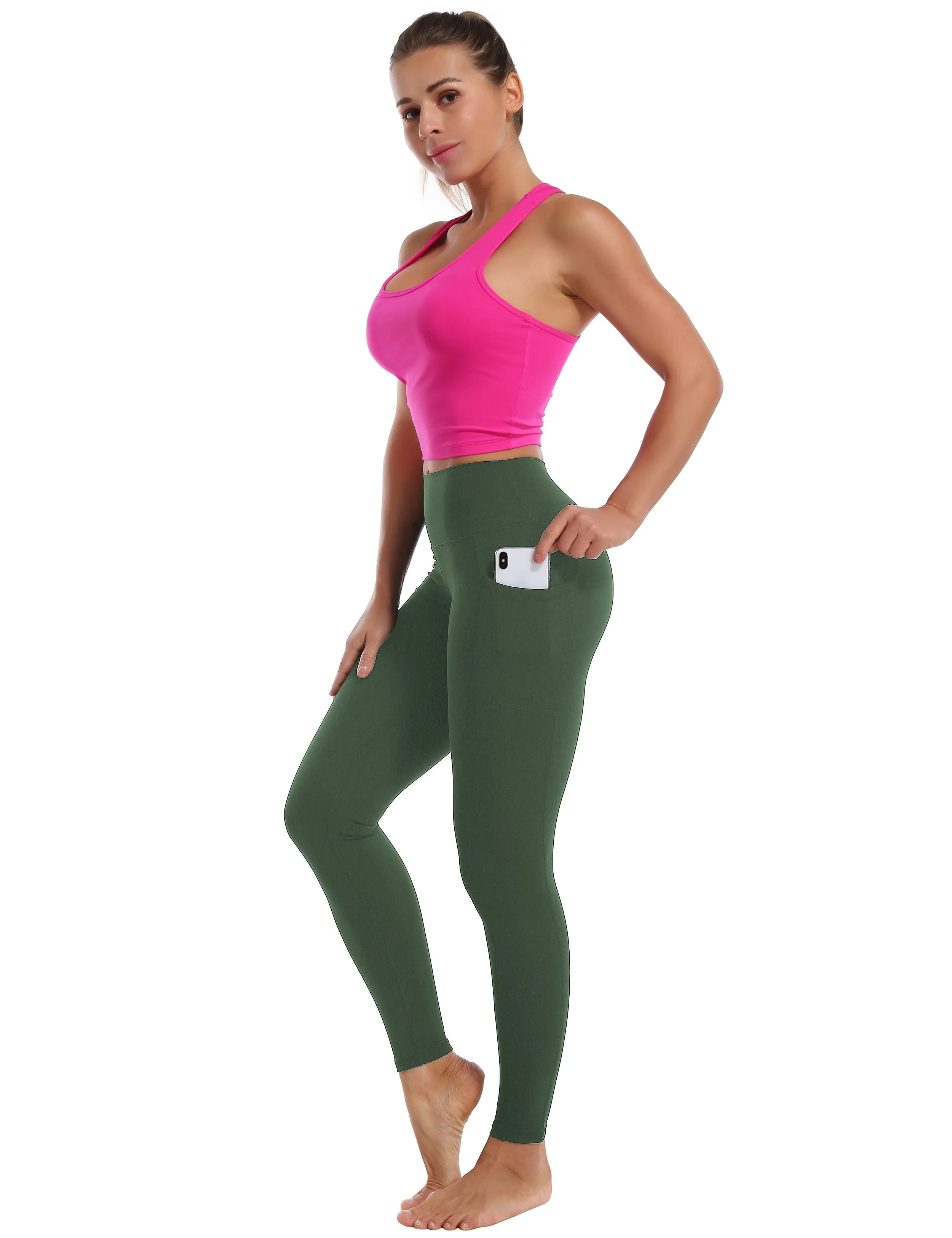 High Waisted Running Pants 7/8 Length Leggings with Pockets olivegreen_Running