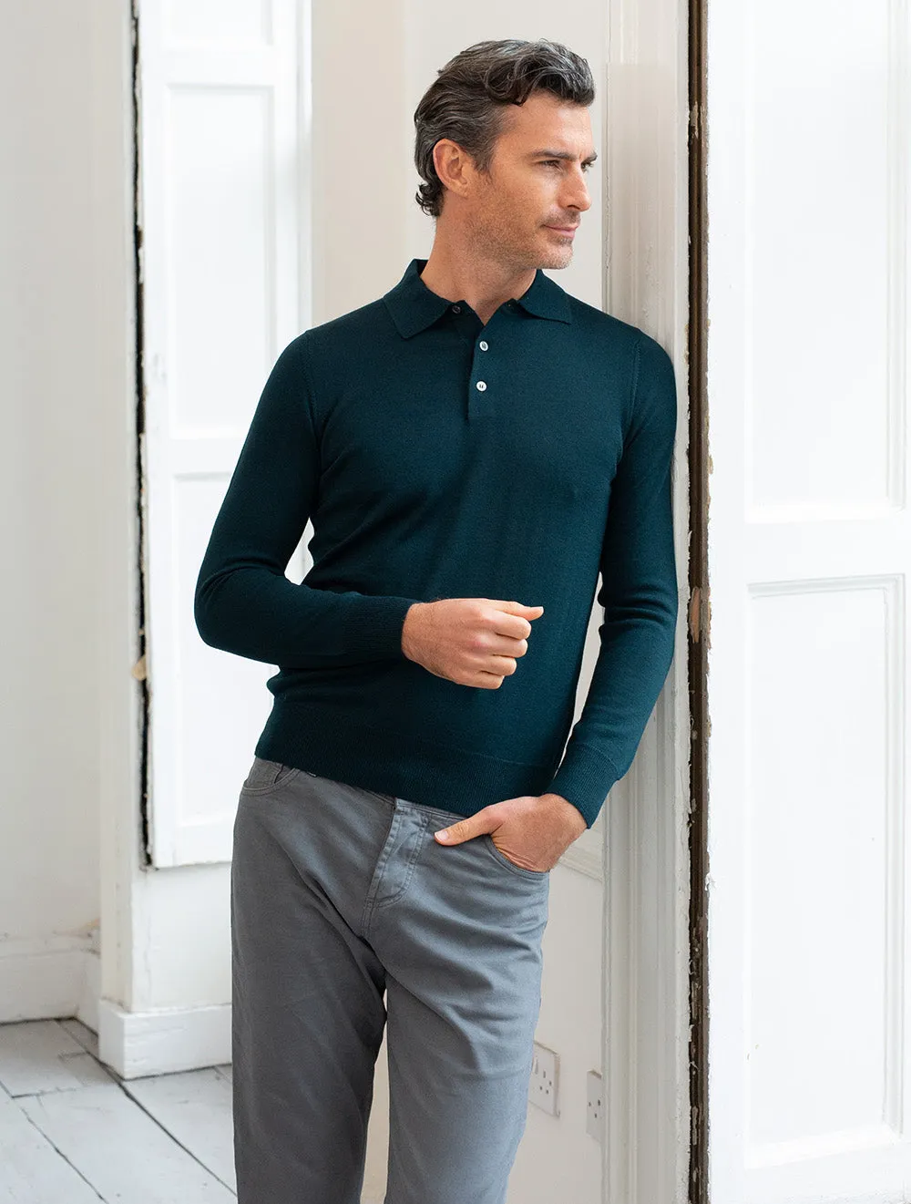 Merino Long Sleeve Polo Green