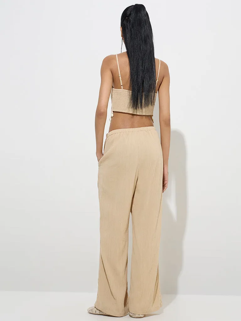 Nuon Beige Crinkle-Textured Mid-Rise Pants