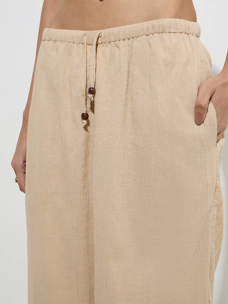 Nuon Beige Crinkle-Textured Mid-Rise Pants