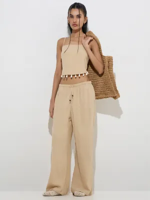 Nuon Beige Crinkle-Textured Mid-Rise Pants