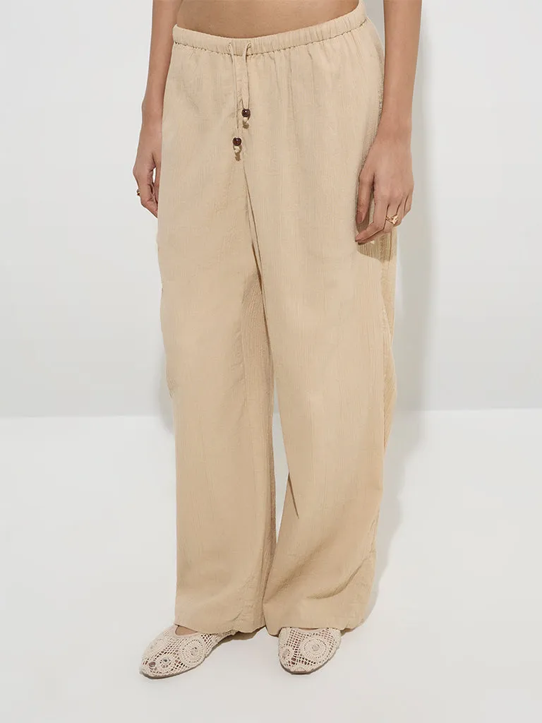 Nuon Beige Crinkle-Textured Mid-Rise Pants