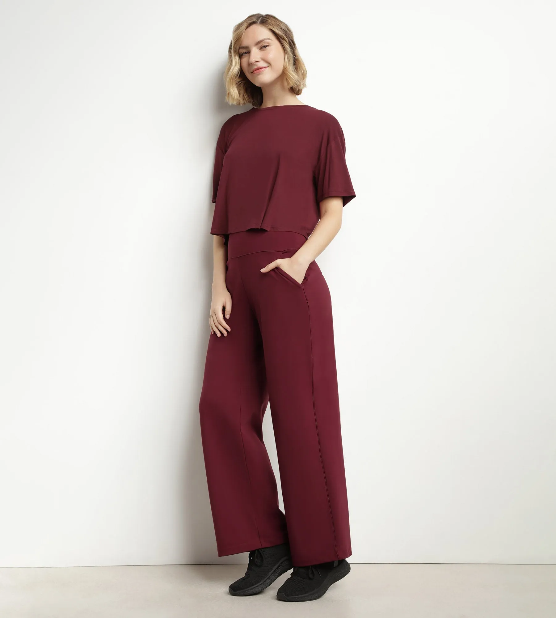 Pantalon de sport femme large en jersey stretch Bordeaux Dim Move