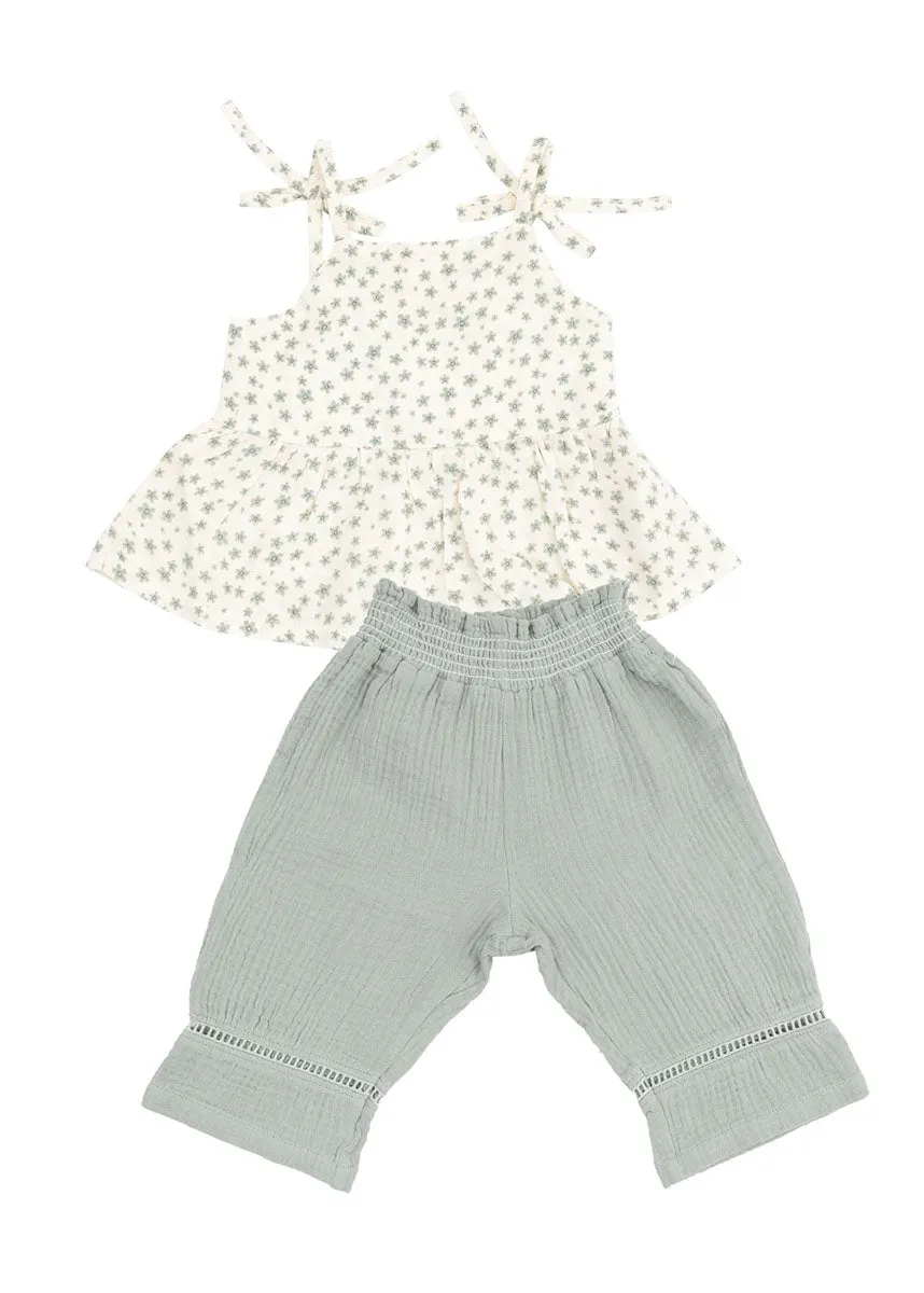 Peplum Tank & Smocked Waist Pant Set - Jadeite Simple Floral