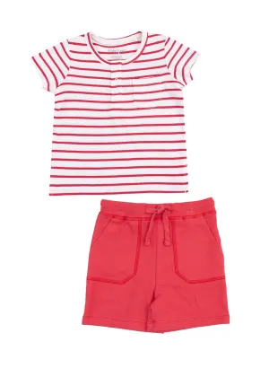 Ribbed Shirt & French Terry Short Set - Red Vintage Stripe