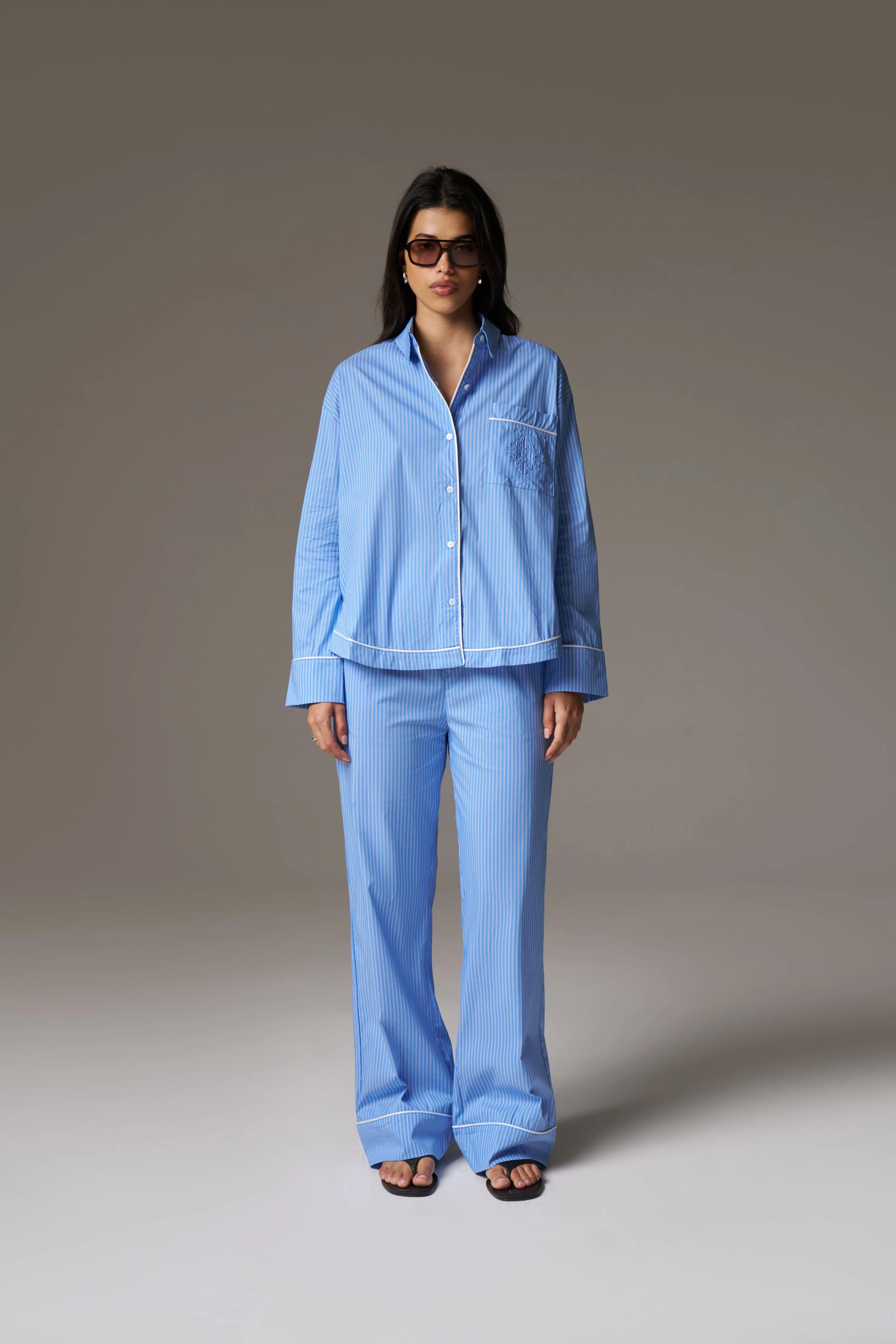 STRIPE PIPED EMBLEM SHIRT - BLUE