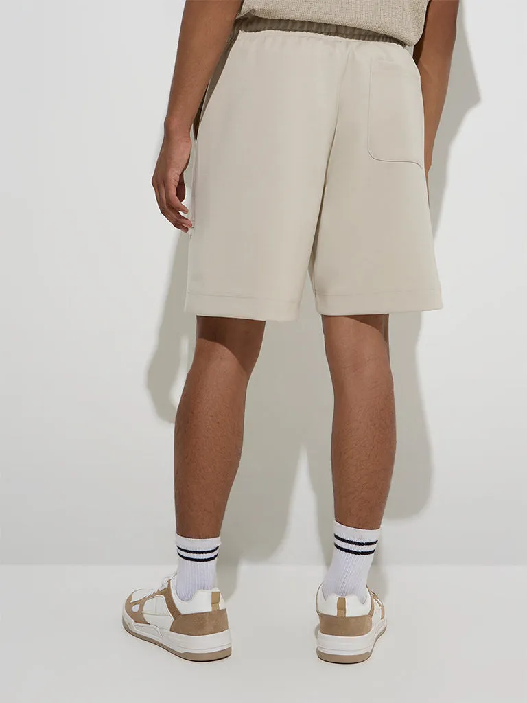 Studiofit Beige Solid Relaxed-Fit Mid-Rise Shorts