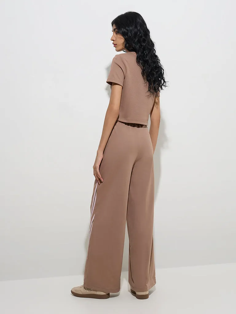 Studiofit Beige Stripe High-Rise Cotton Track Pants