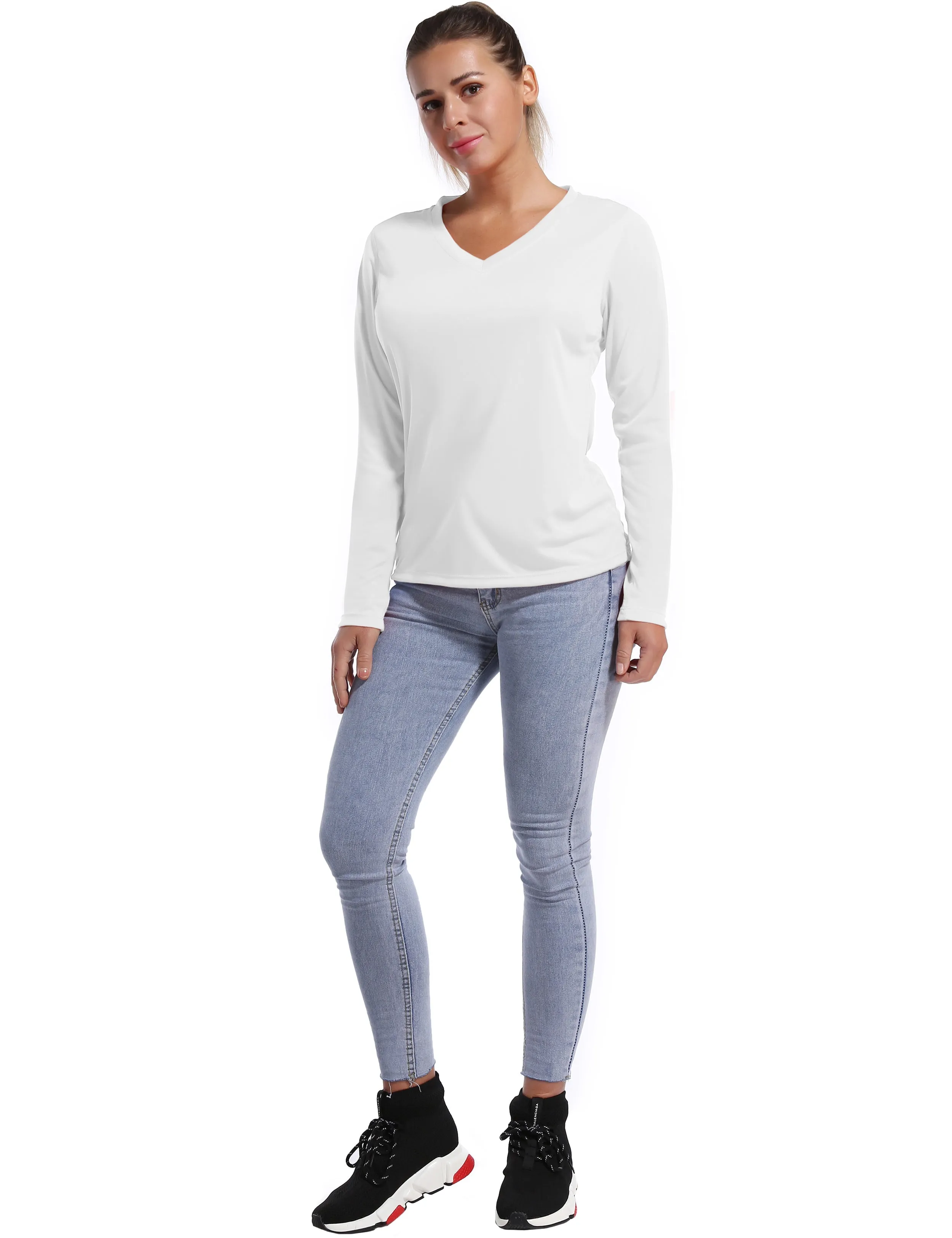 V Neck Long Sleeve Athletic Shirts white_Biking