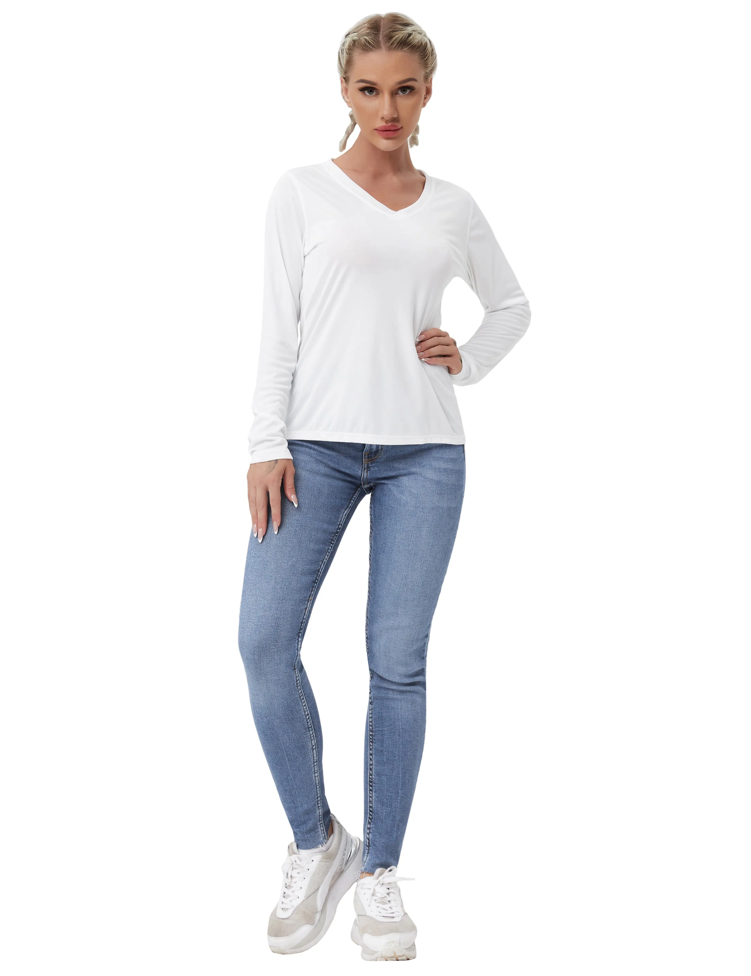 V Neck Long Sleeve Athletic Shirts white_Biking