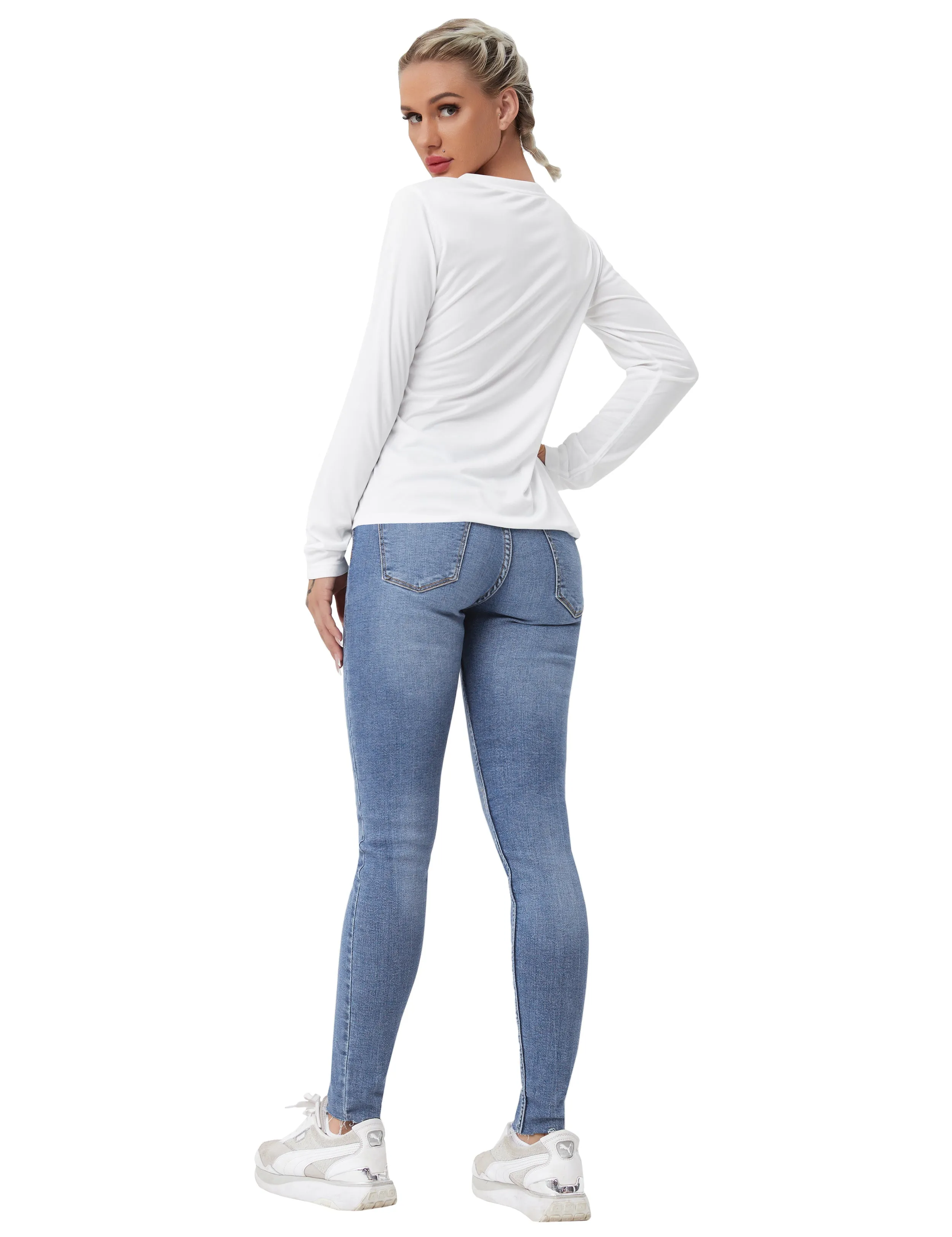 V Neck Long Sleeve Athletic Shirts white_Biking