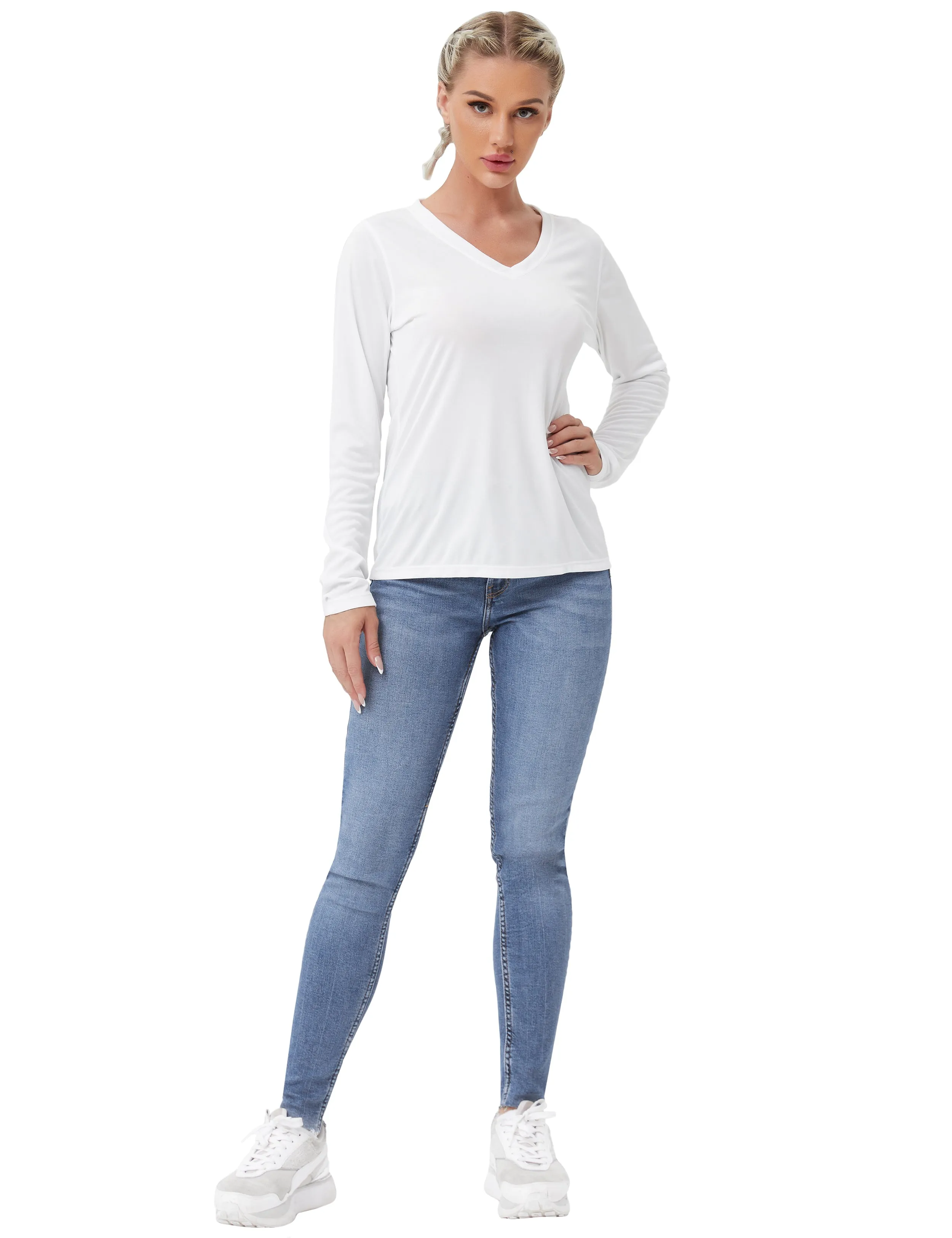 V Neck Long Sleeve Athletic Shirts white_Biking
