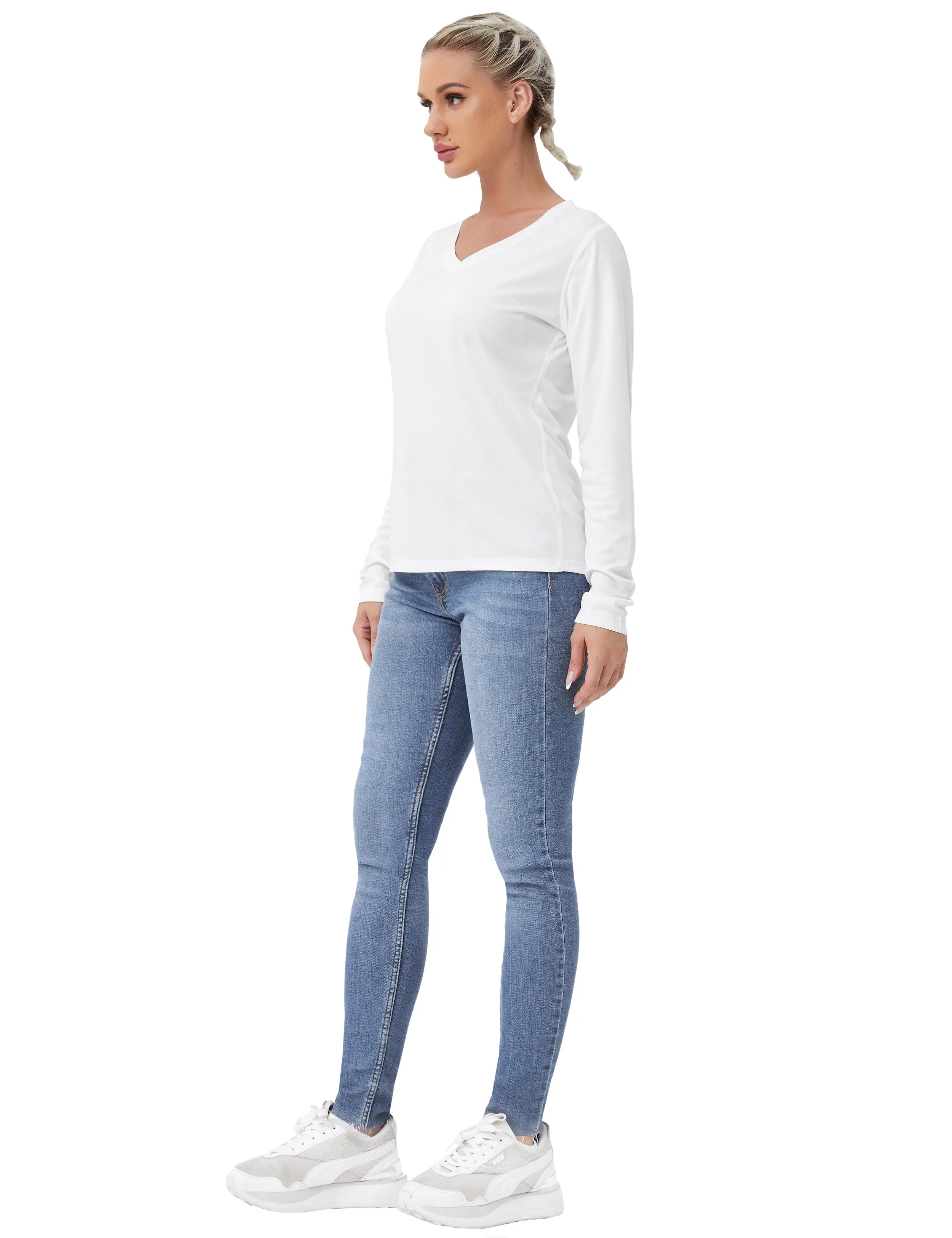 V Neck Long Sleeve Athletic Shirts white_Biking
