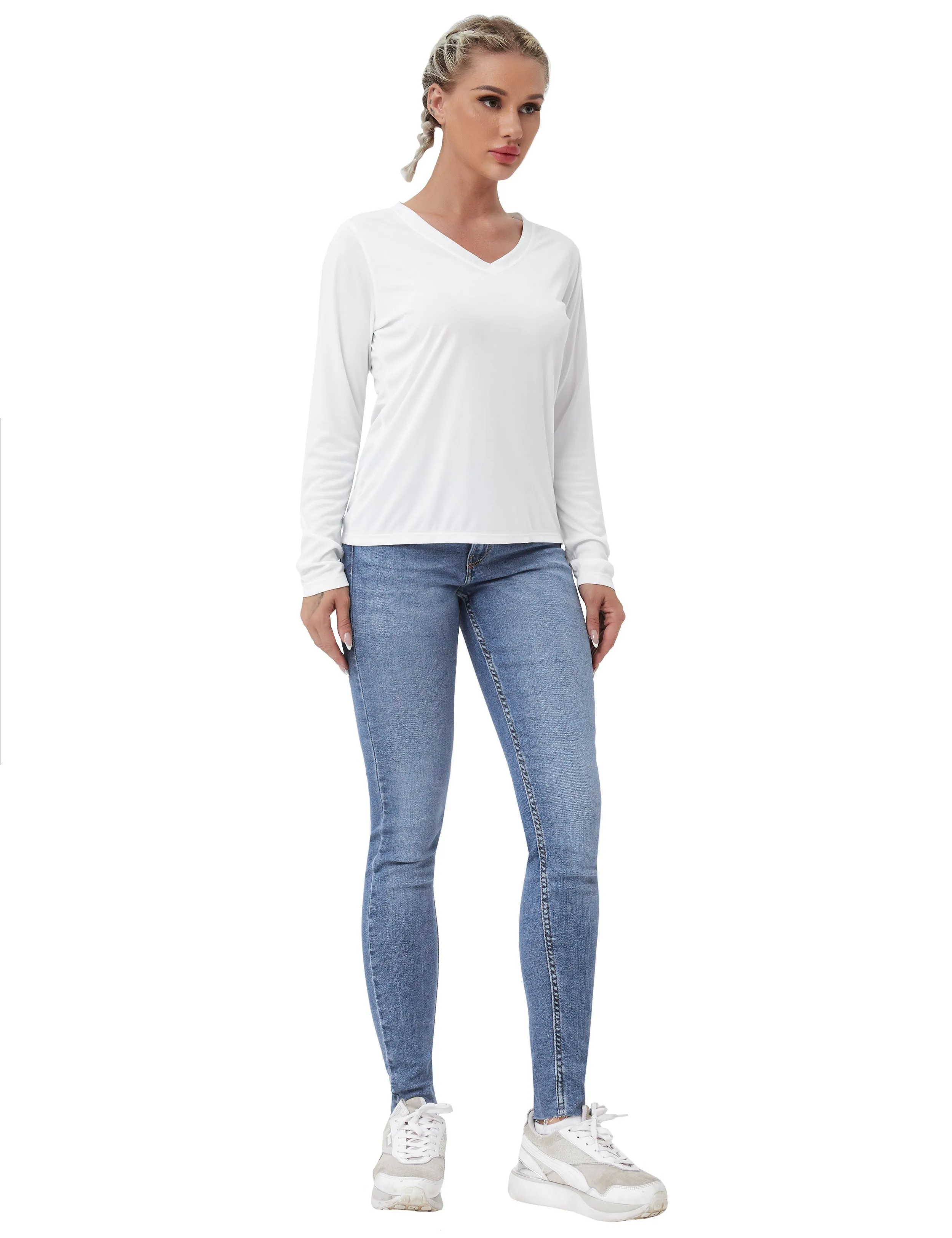 V Neck Long Sleeve Athletic Shirts white_Biking