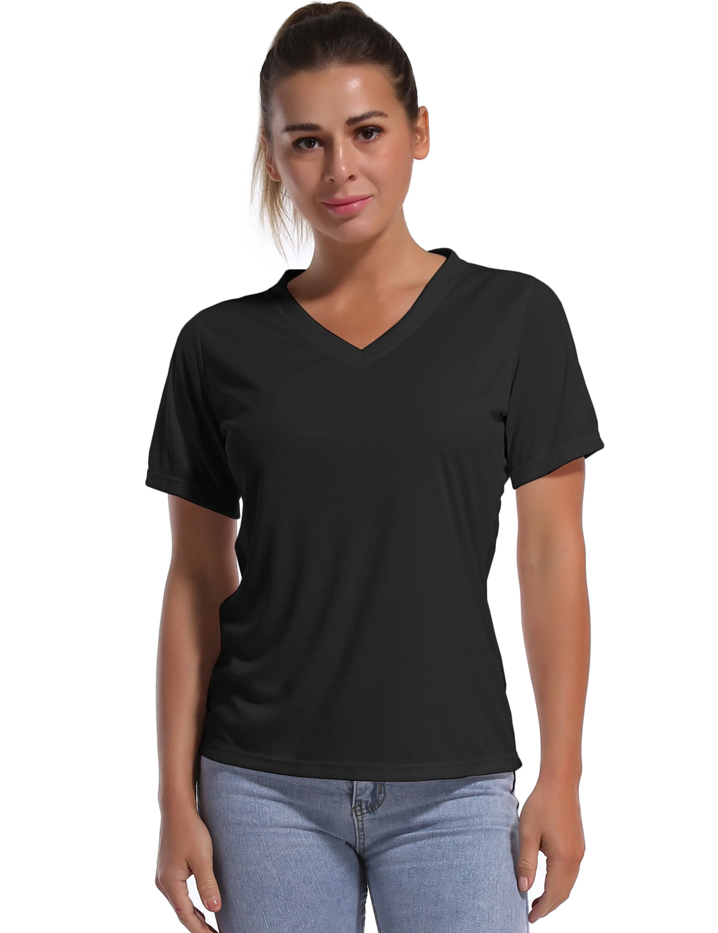 V-Neck Short Sleeve Athletic Shirts black_yoga