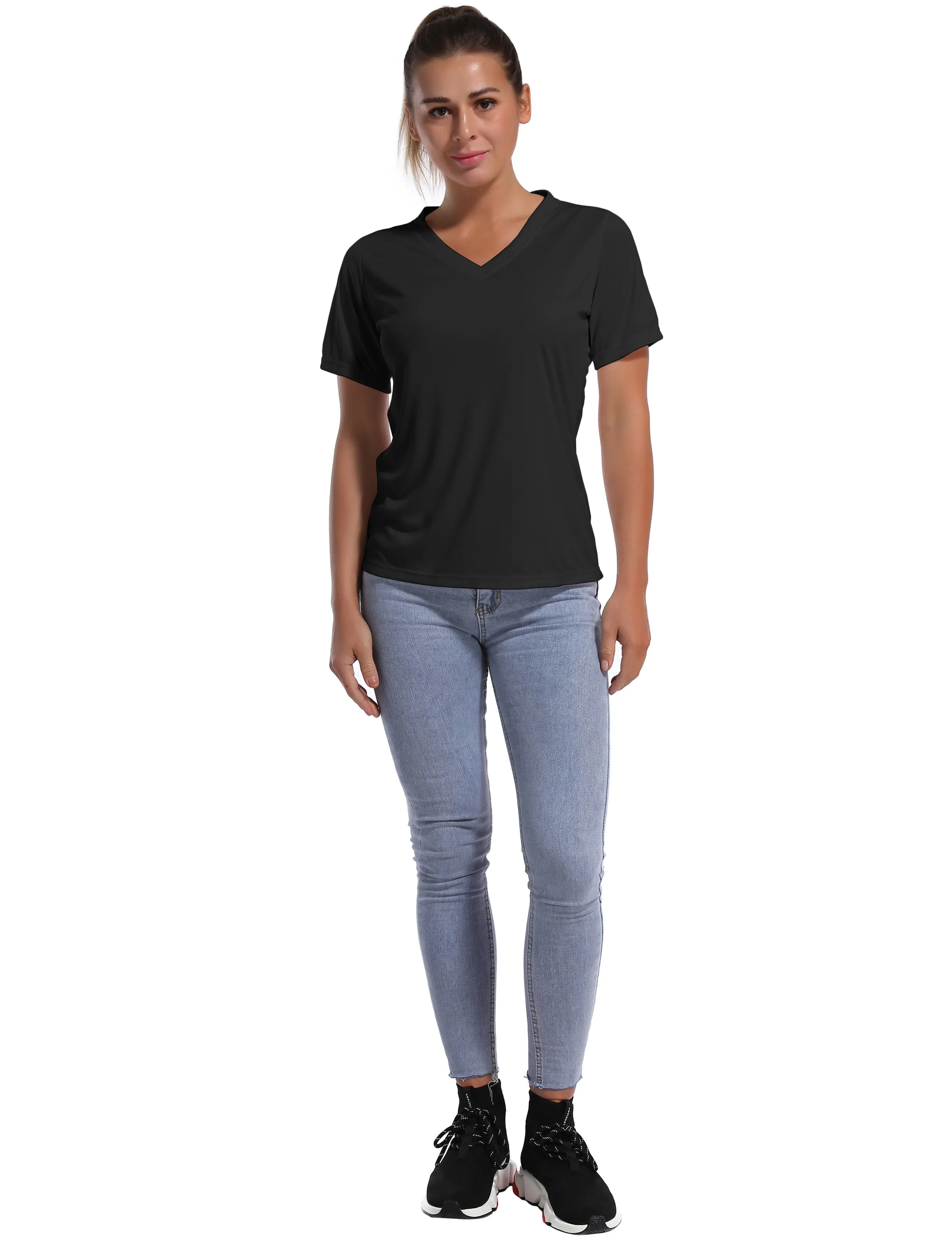 V-Neck Short Sleeve Athletic Shirts black_yoga