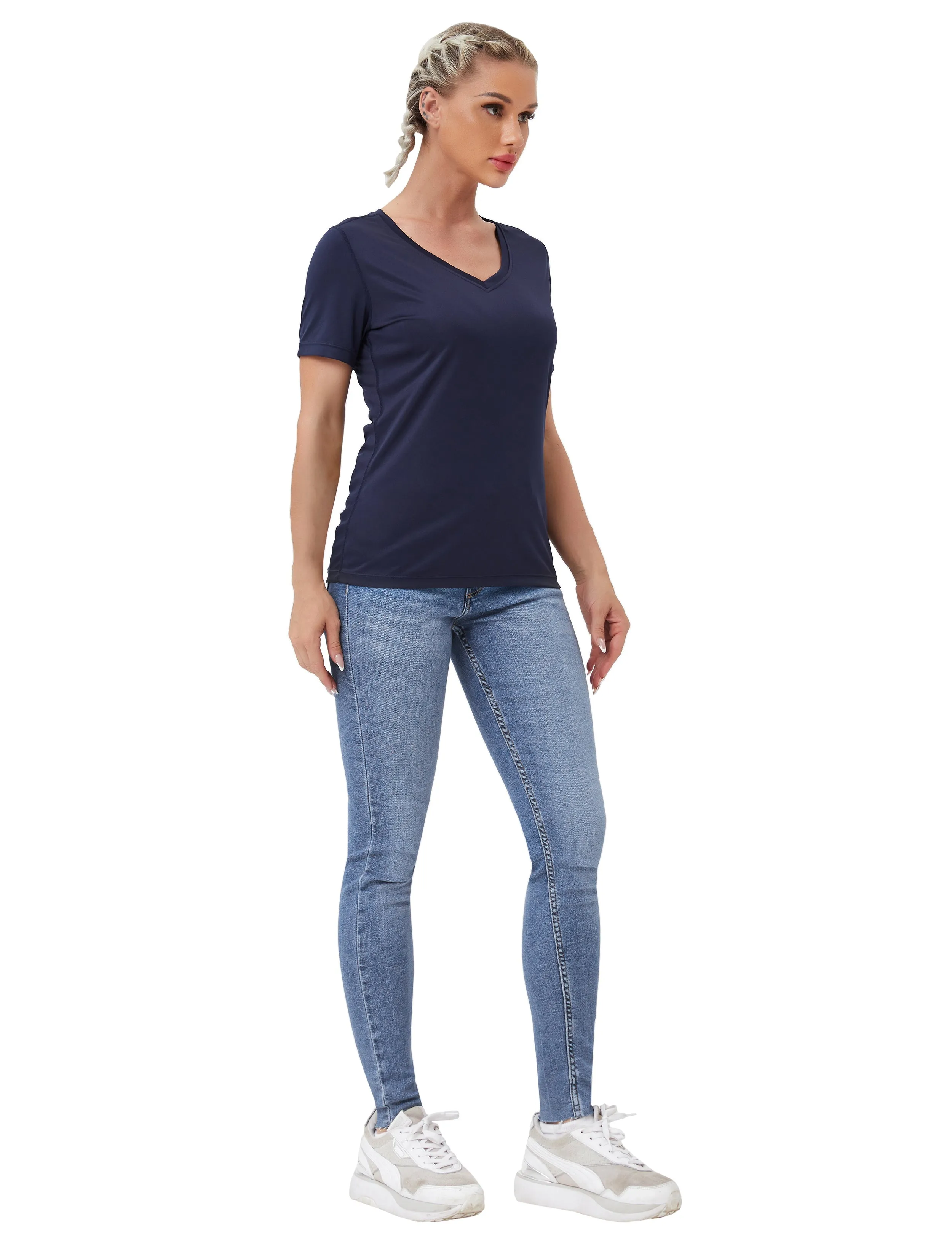 V-Neck Short Sleeve Athletic Shirts darknavy_yoga