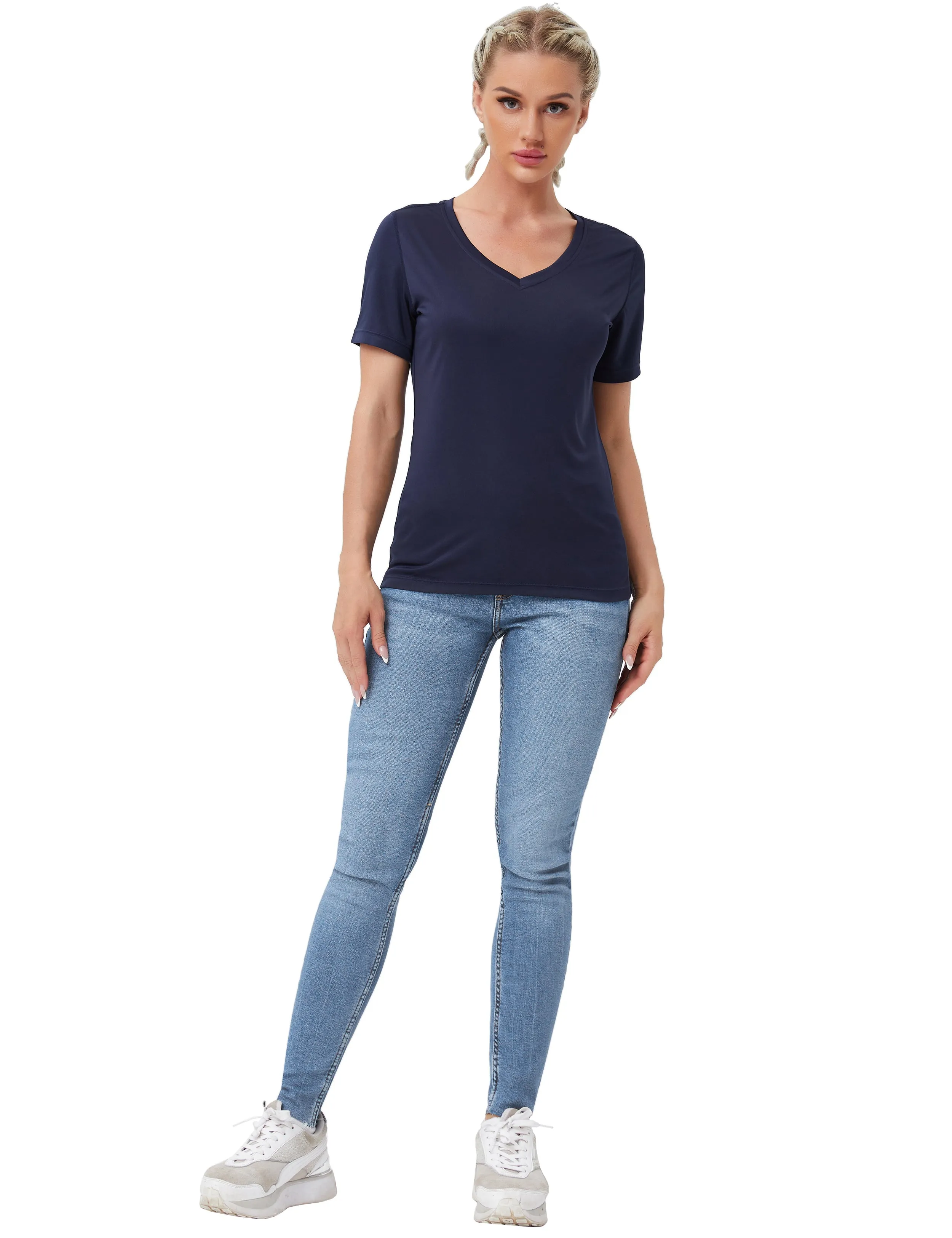 V-Neck Short Sleeve Athletic Shirts darknavy_yoga