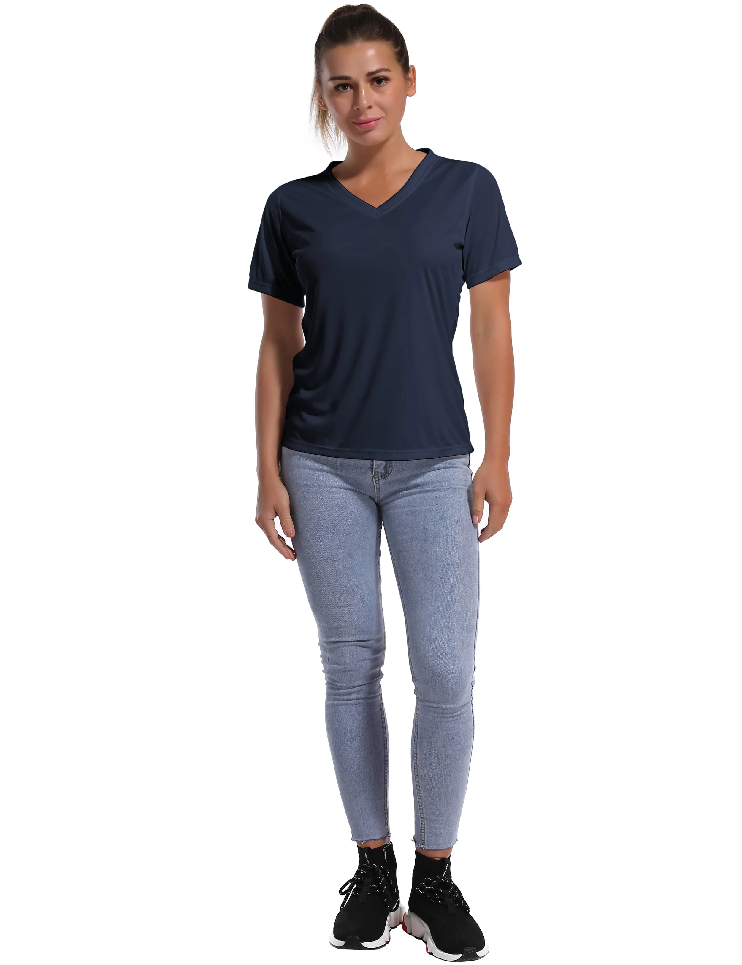 V-Neck Short Sleeve Athletic Shirts darknavy_yoga