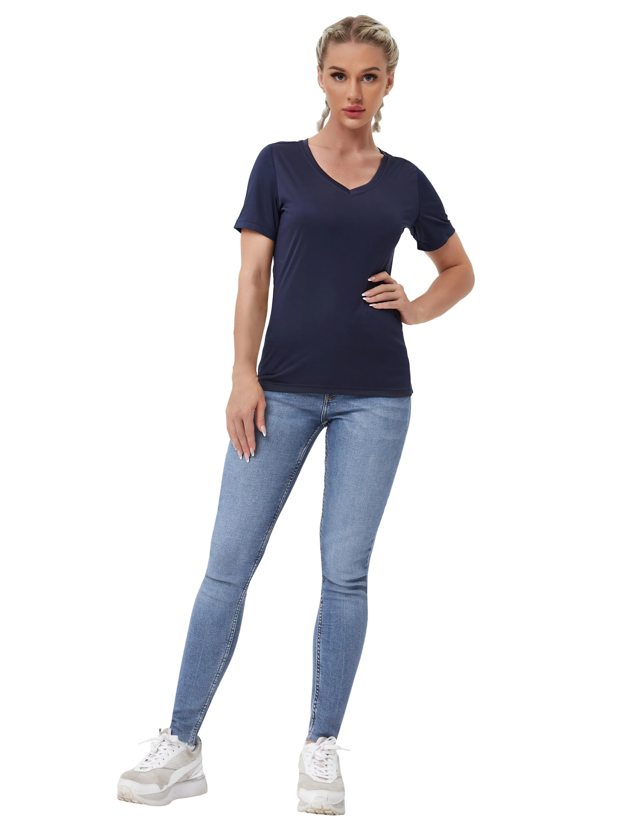 V-Neck Short Sleeve Athletic Shirts darknavy_yoga