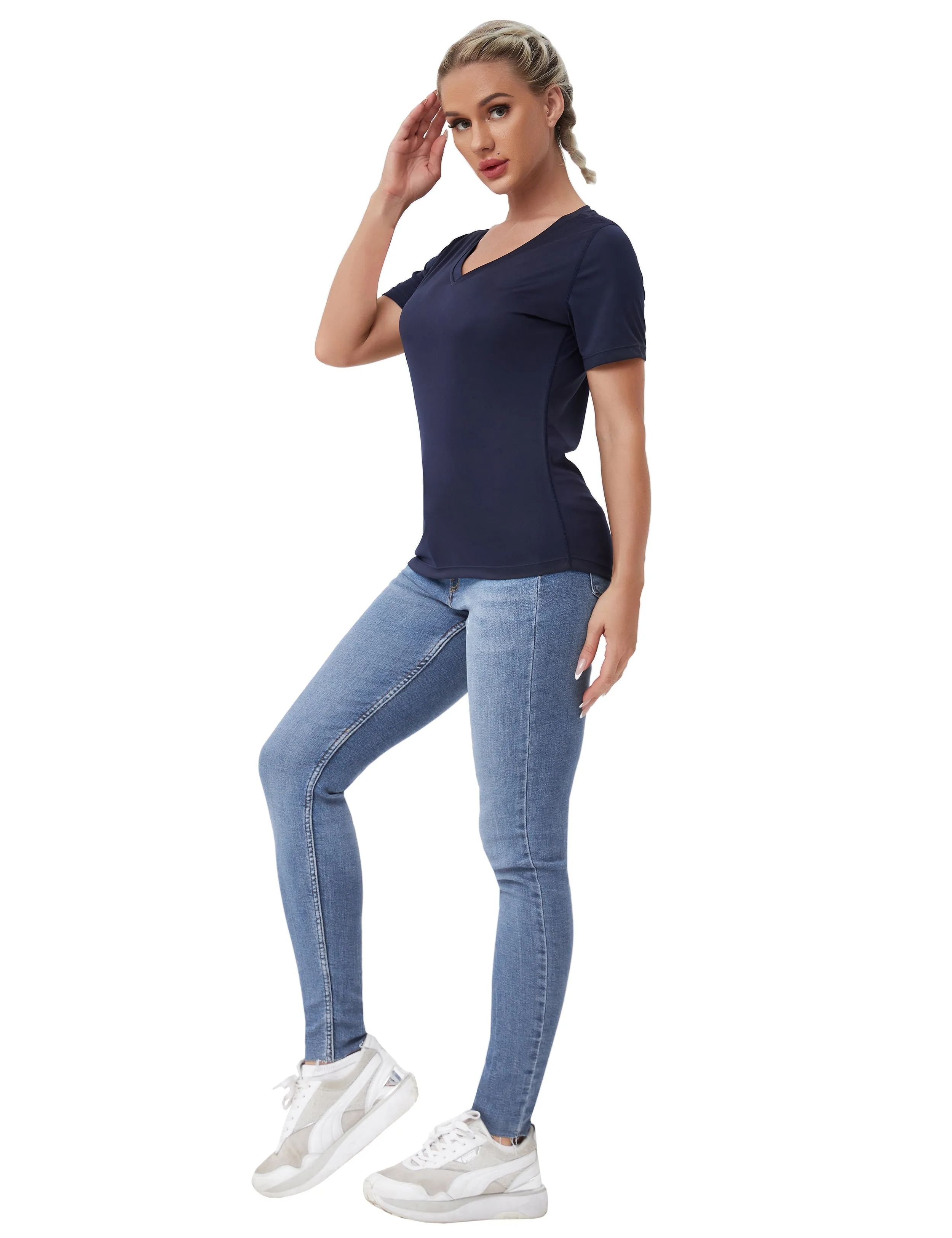 V-Neck Short Sleeve Athletic Shirts darknavy_yoga