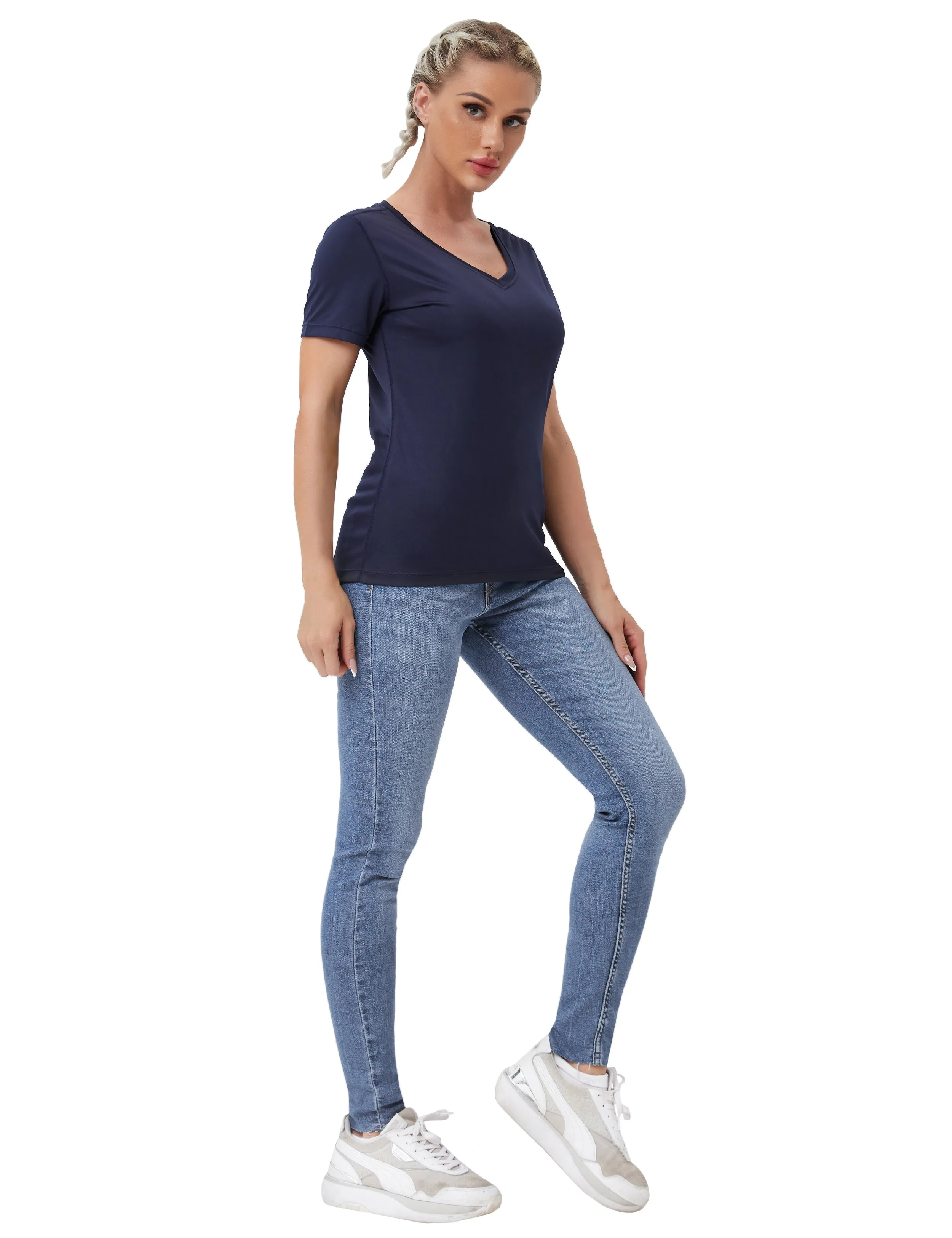 V-Neck Short Sleeve Athletic Shirts darknavy_yoga