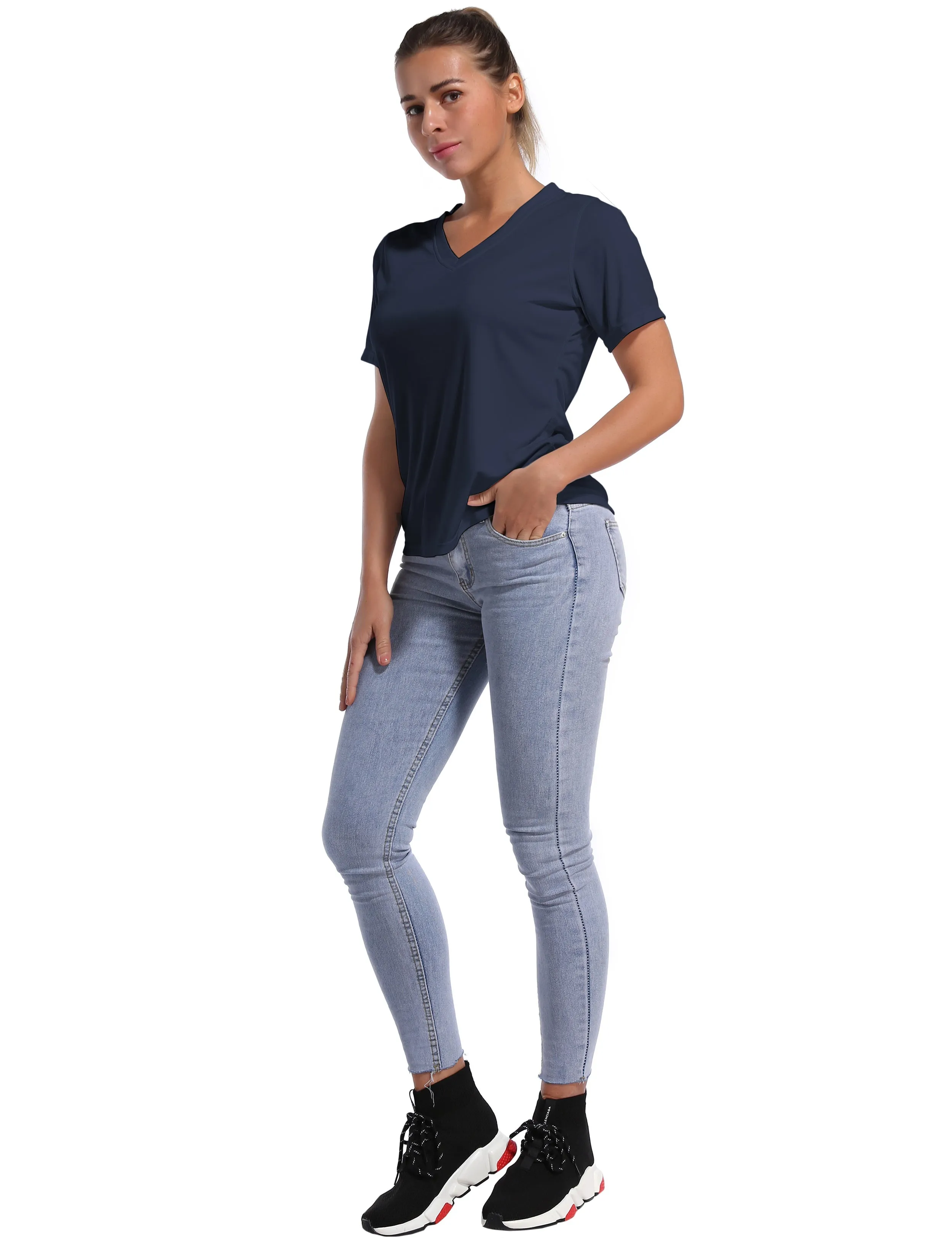 V-Neck Short Sleeve Athletic Shirts darknavy_yoga