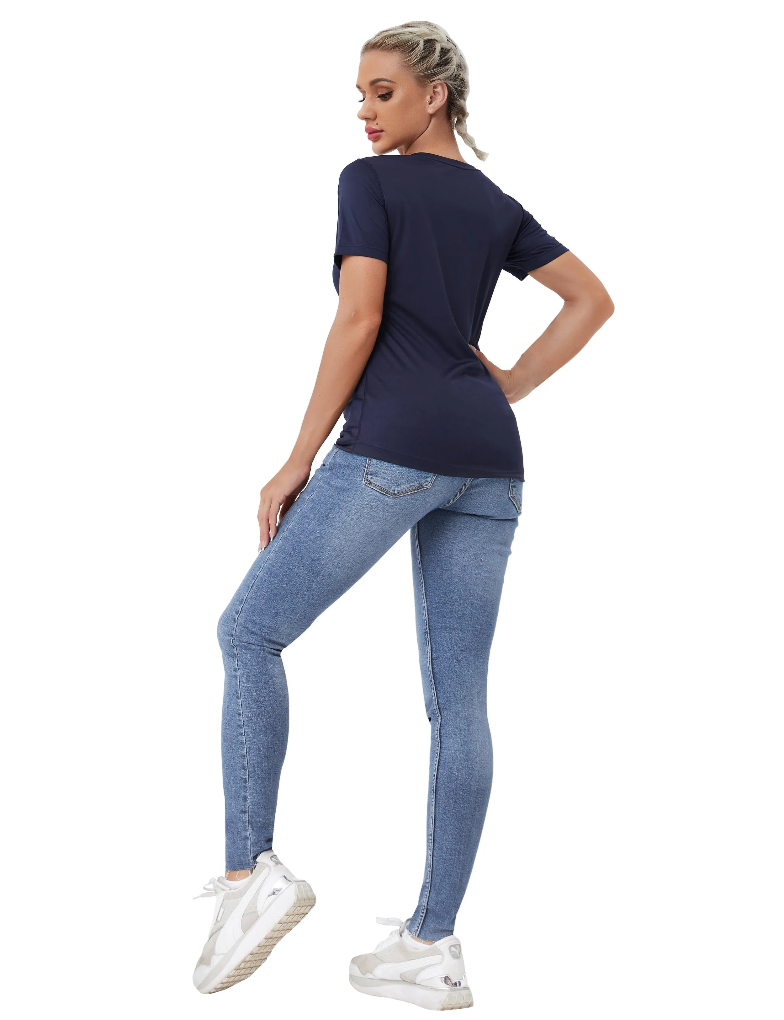 V-Neck Short Sleeve Athletic Shirts darknavy_yoga